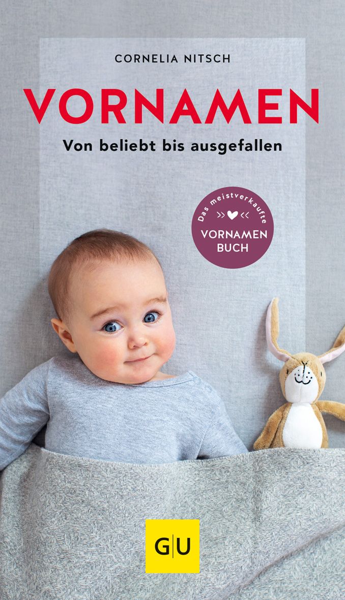 Buchcover mit Titel "Vornamen". Baby liegt unter Decke, daneben Stofftier-Hase. Logo "GU".