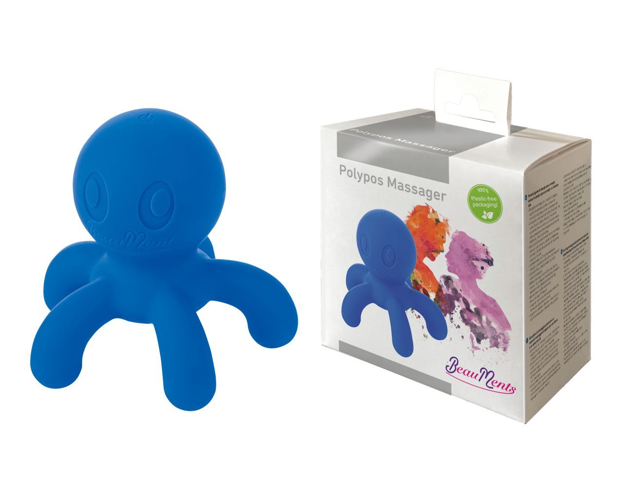 Blauer Polypos Massager und Verpackung. Marke BeauMents. Verpackung mit Produktabbildung.