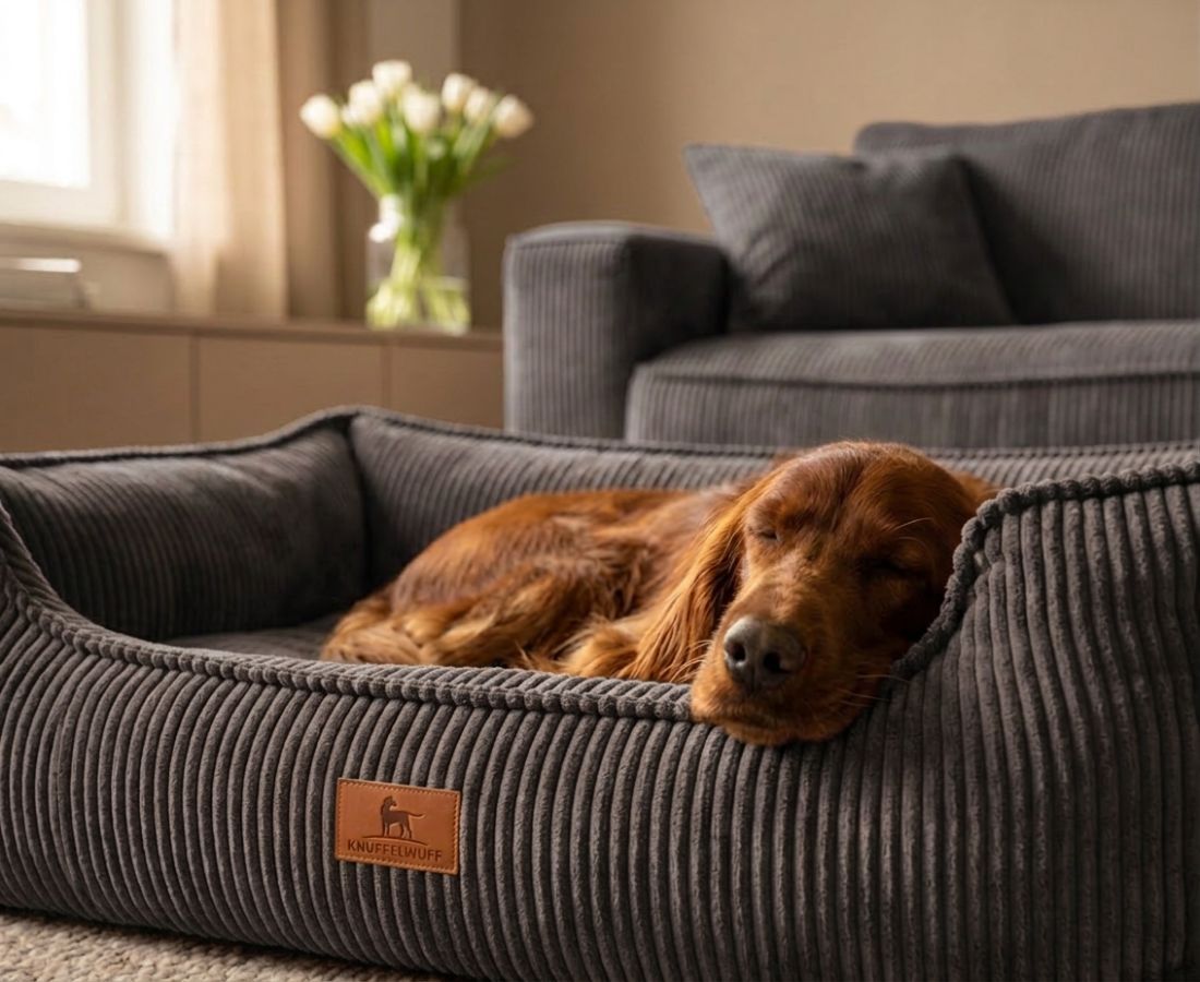 Braunes Hundebett aus Cord mit schlafendem Hund.
