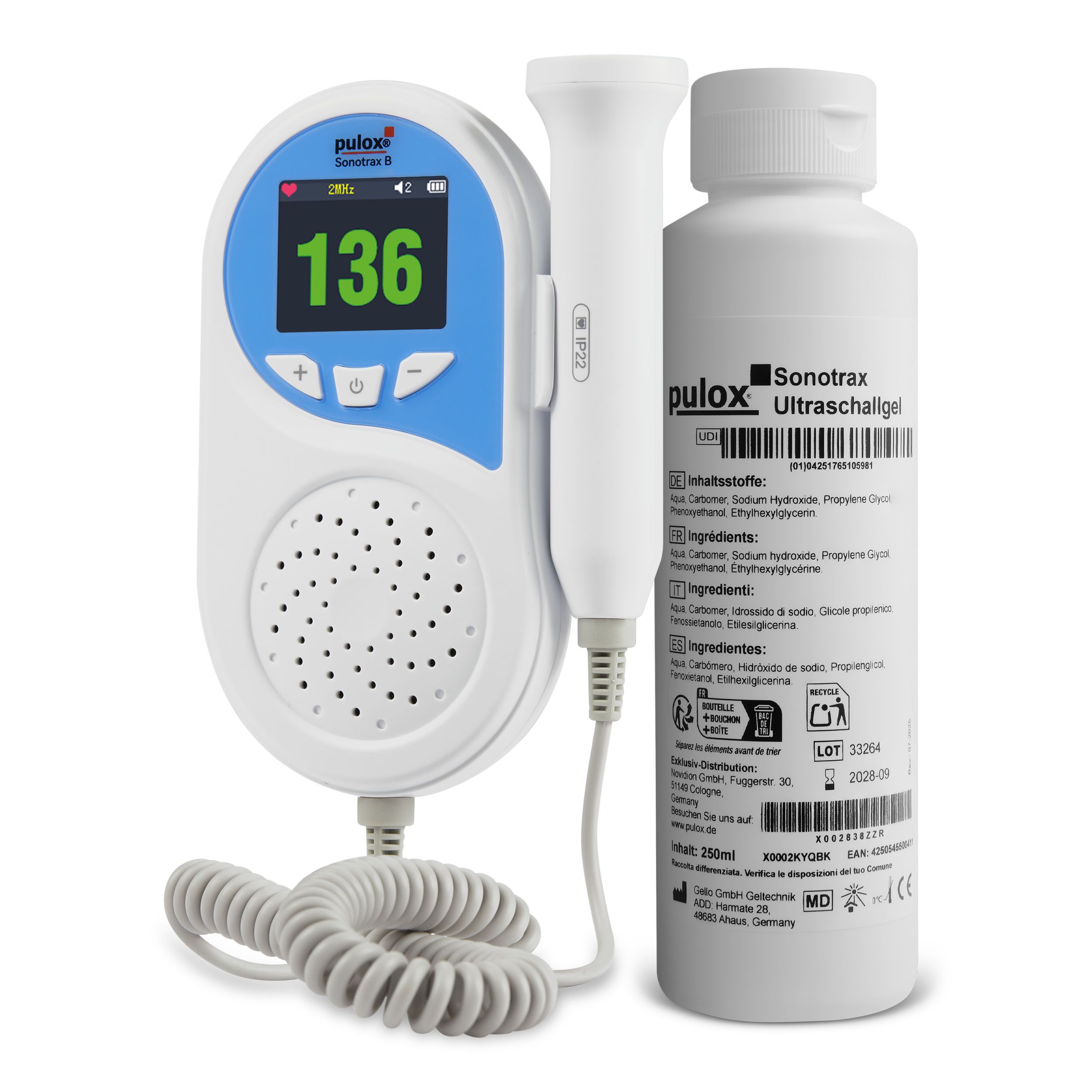 Fetal Doppler, Ultraschallgel. Doppler zeigt Herzfrequenz 136 an. Gel in weißer Flasche. Beide Produkte auf weißem Hintergrund.