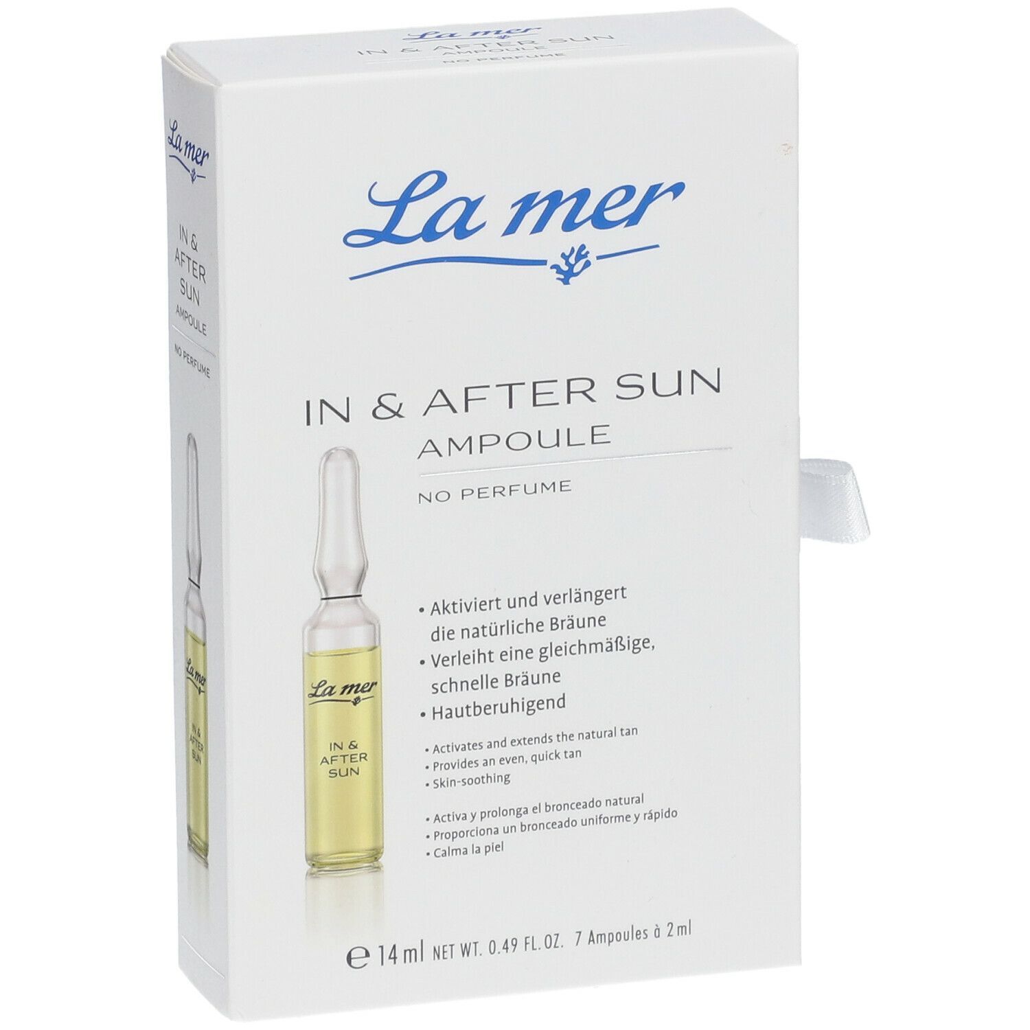 Weiße Verpackung mit Produkt und Ampulle. Aufdruck: La mer, IN & AFTER SUN, Ampulle, No Perfume.
