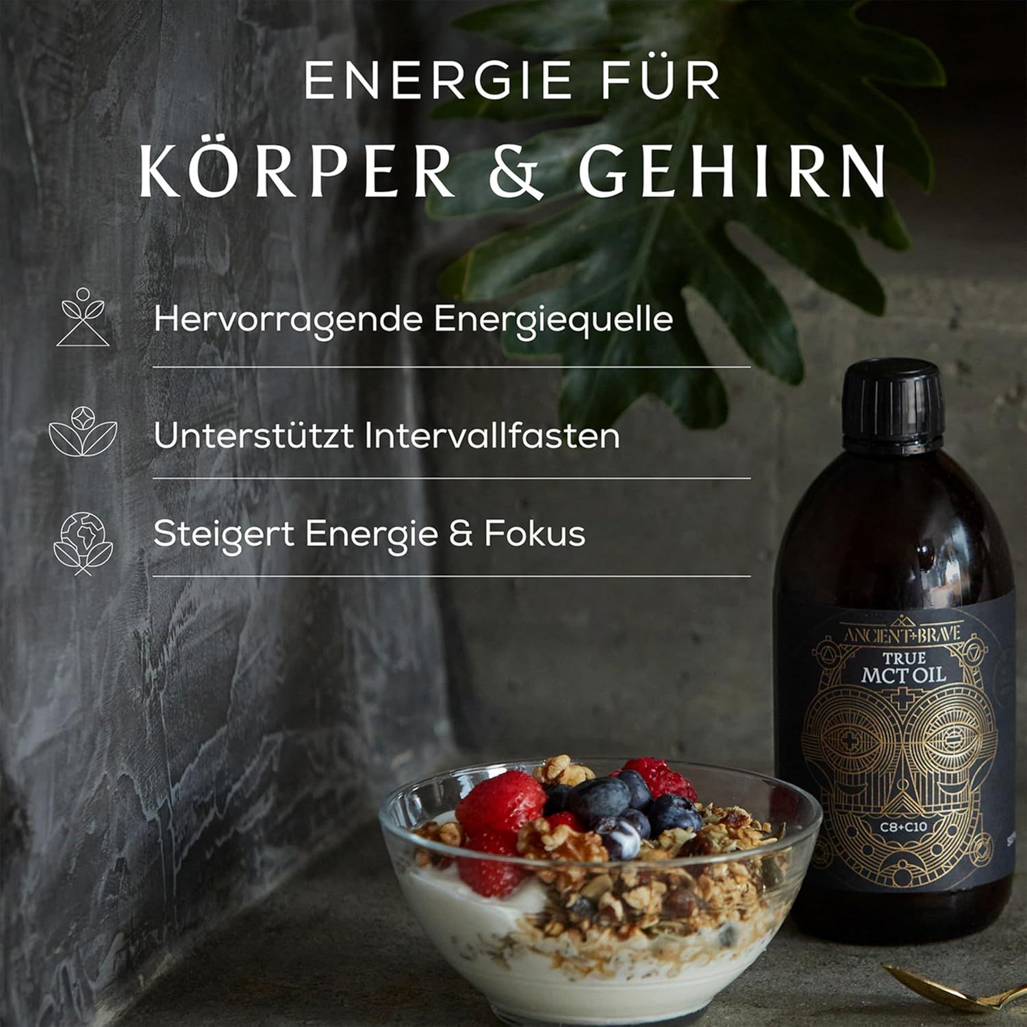 Eine Schale mit Joghurt, Müsli und Beeren steht neben einer Flasche MCT-Öl. Text: 'ENERGIE FÜR KÖRPER & GEHIRN'.