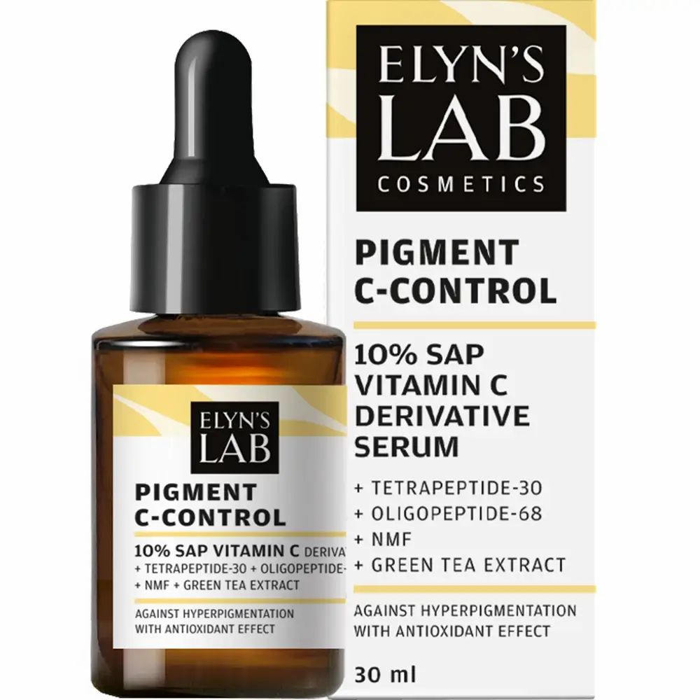 Produktflasche und Verpackung nebeneinander. Aufschrift: ELYN'S LAB Pigment C-Control Serum. Inhaltsstoffe und Volumen auf dem Etikett.