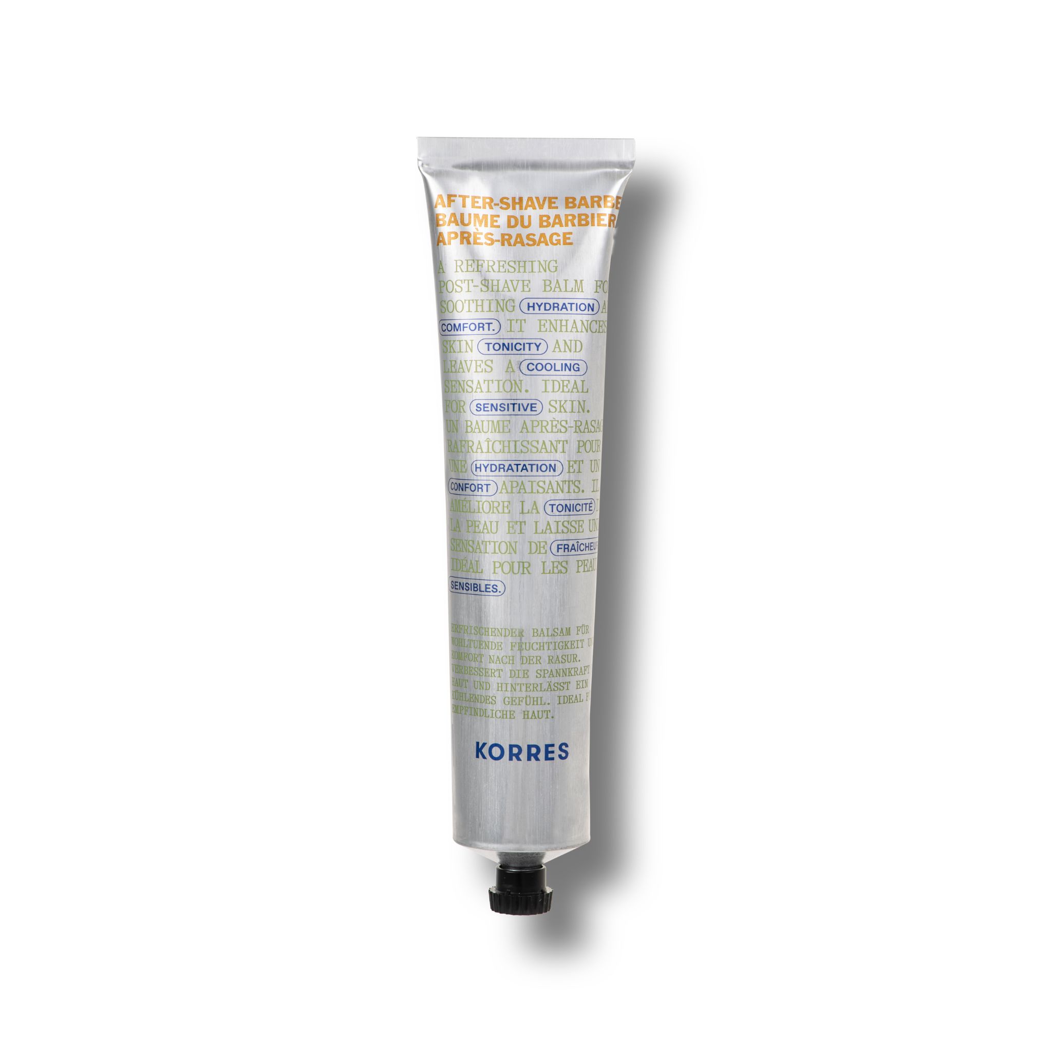 Silberne Tube mit schwarzem Verschluss. Text: Aftershave Balm, KORRES. Grün-weiße Schrift.