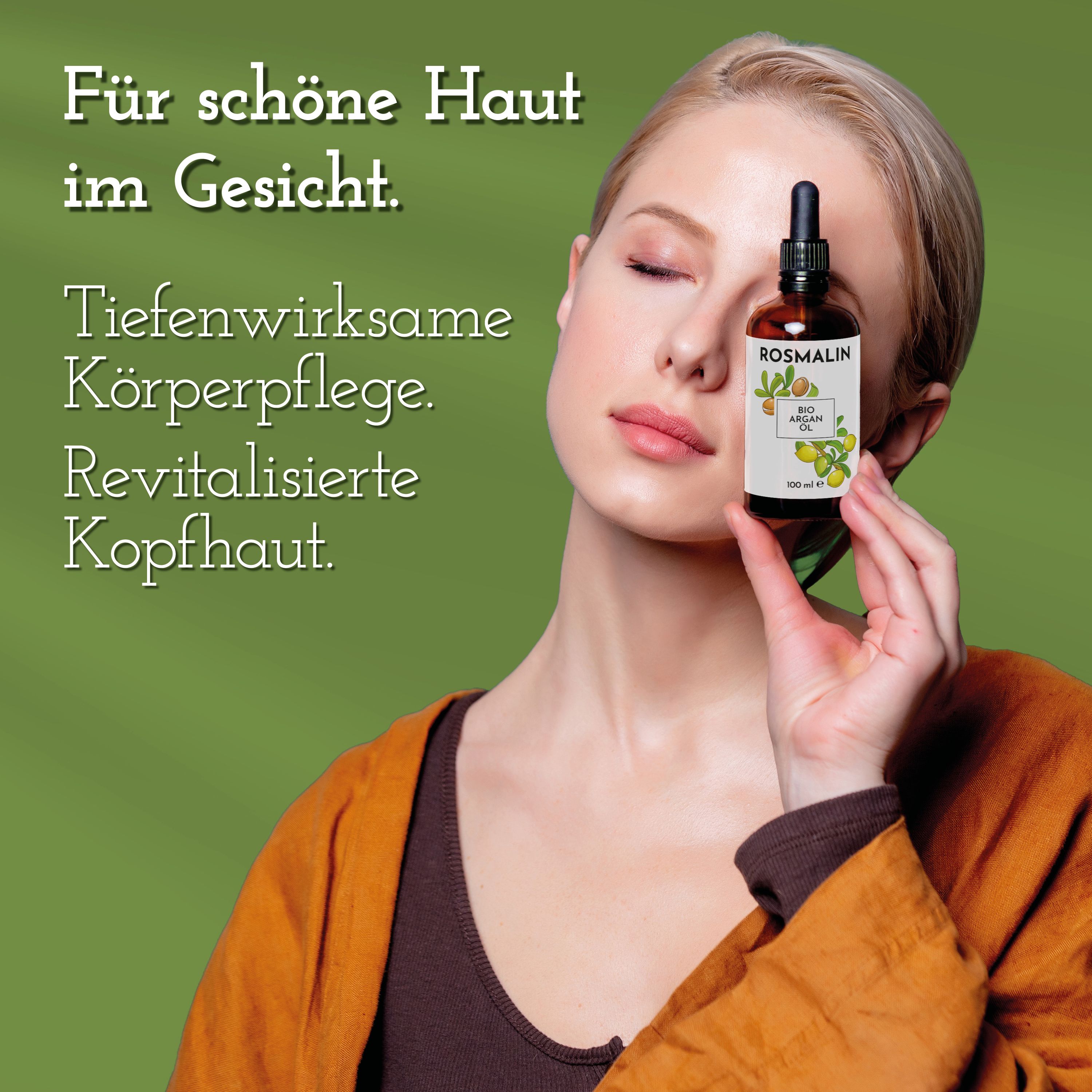 Frau hält eine Flasche Rosmalin® Arganöl. Text: Für schöne Haut im Gesicht. Tiefenwirksame Körperpflege. Revitalisierte Kopfhaut.
