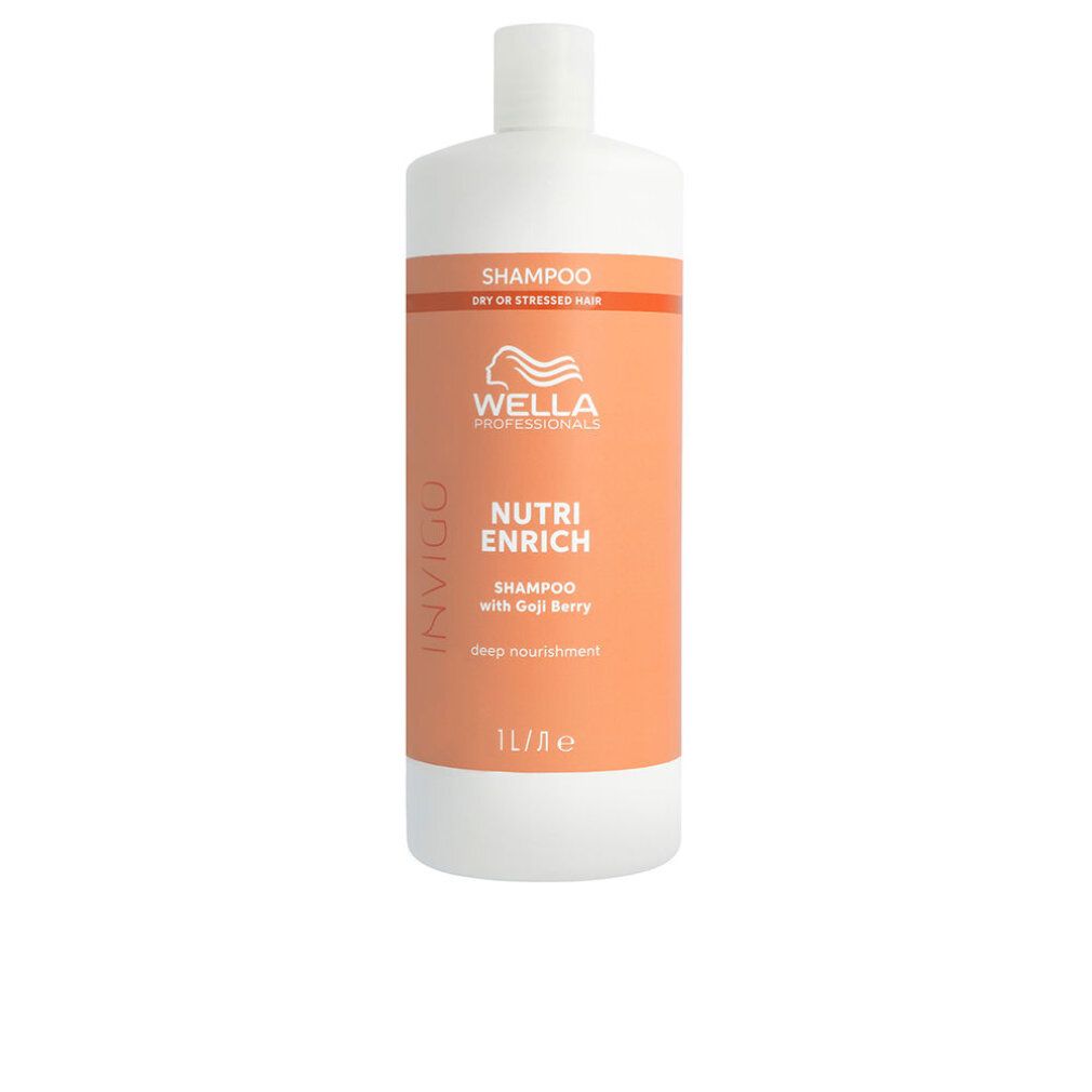 Weiß-orangefarbene Shampoo-Flasche. Aufschrift: Wella Invigo Nutri Enrich, Shampoo mit Goji-Beere. 1L.