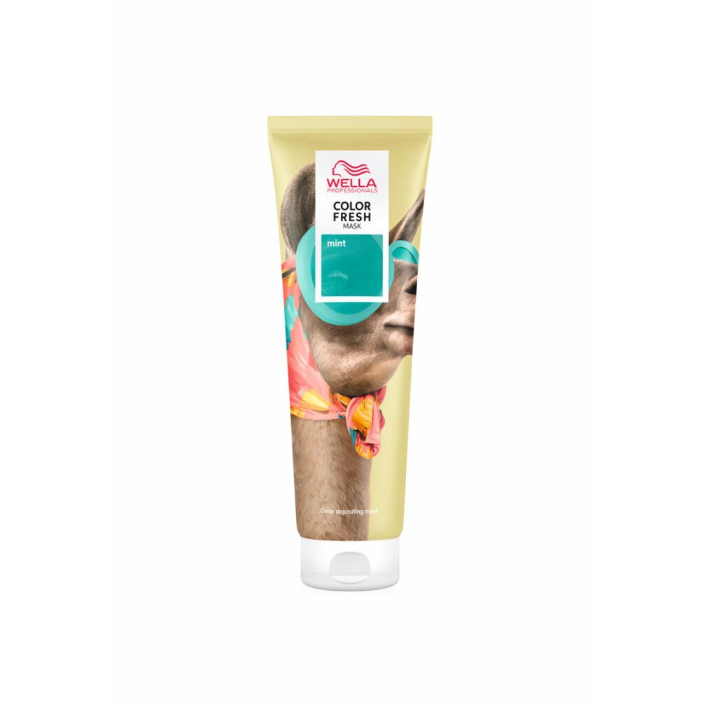 Tube mit Wella Color Fresh Mask Menta. Aufdruck mit Lama-Illustration und Produktbezeichnung. Weißer Deckel.