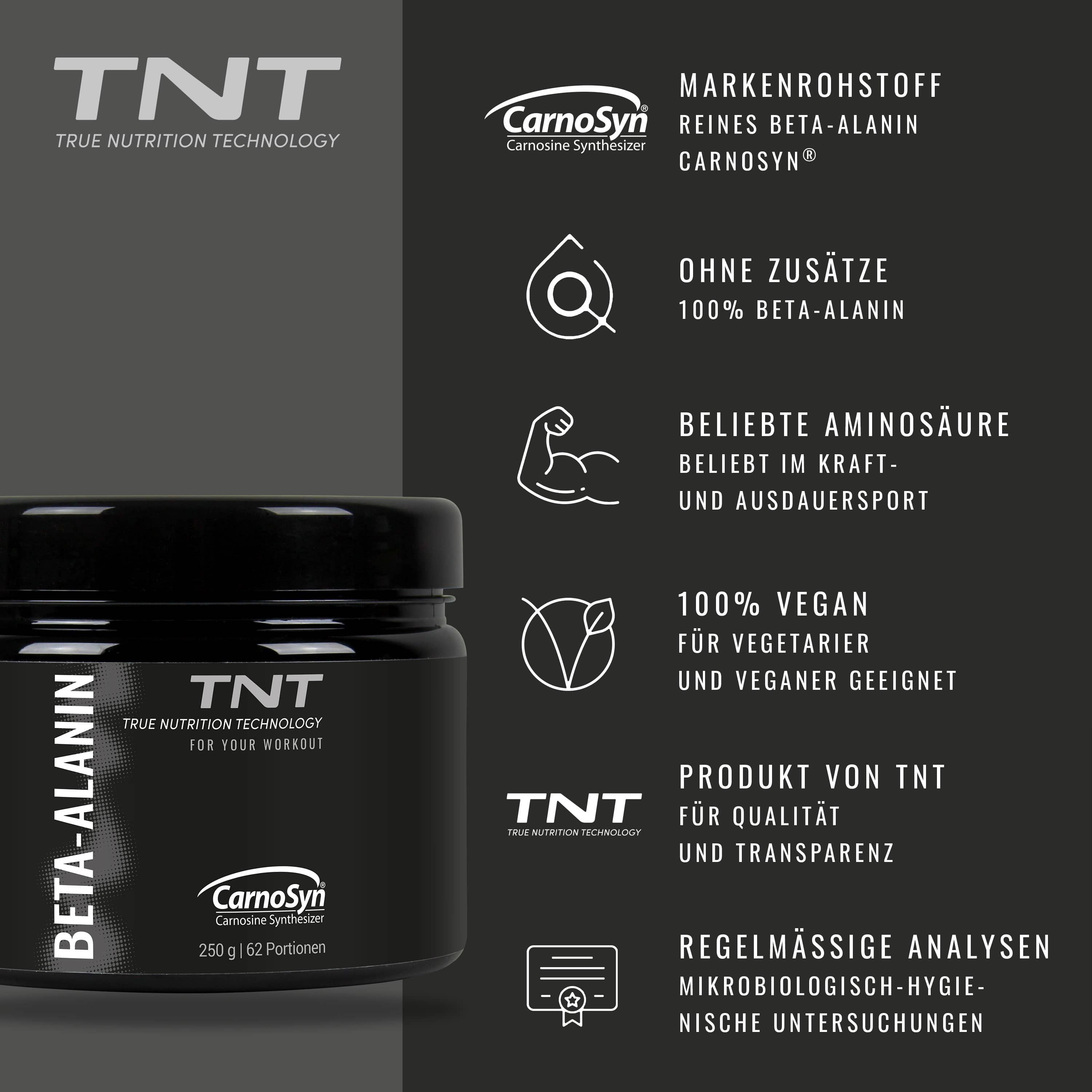 Dose mit "BETA-ALANIN" und "TNT" Logo. Enthält CarnoSyn®. Zusätzliche Icons und Text: Vegan, Qualität, Analysen.