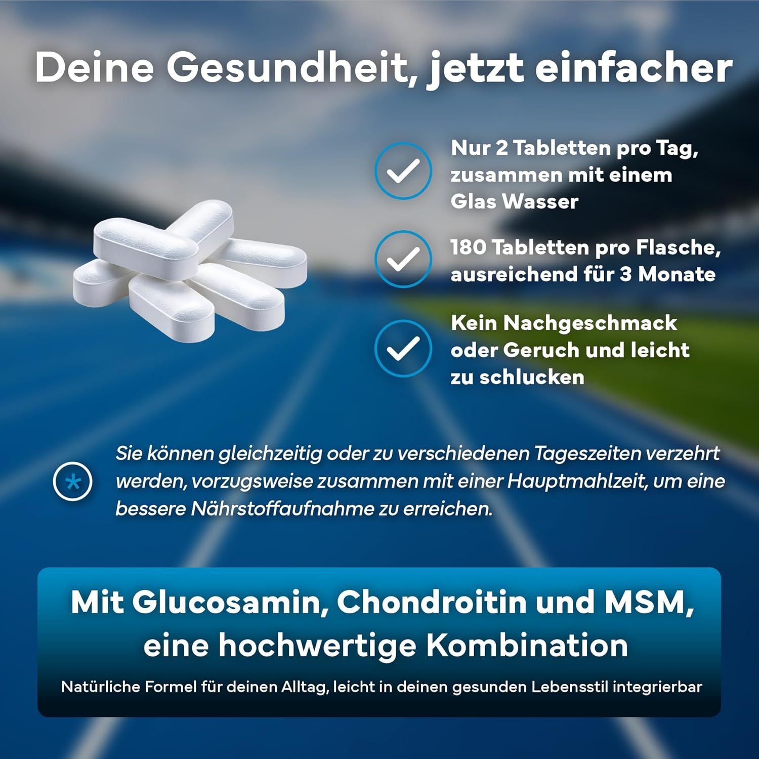 Mehrere weiße Kapseln liegen neben einem Glas Wasser. Text erklärt die Einnahme von SEVENS NUTRITION Glucosamin Komplex.
