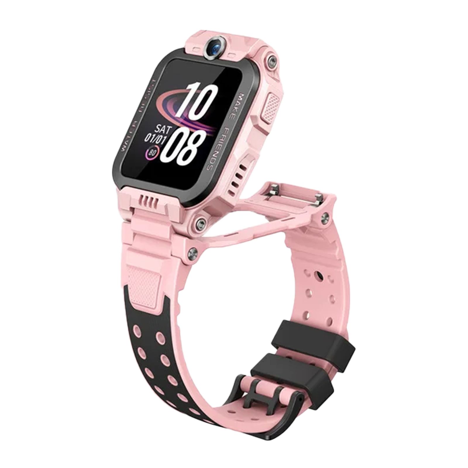 Rosa Smartwatch mit schwarzem Armband. Rechteckiges Display mit Uhrzeit. Seitliche Knöpfe und Kamera. Wasserdicht.