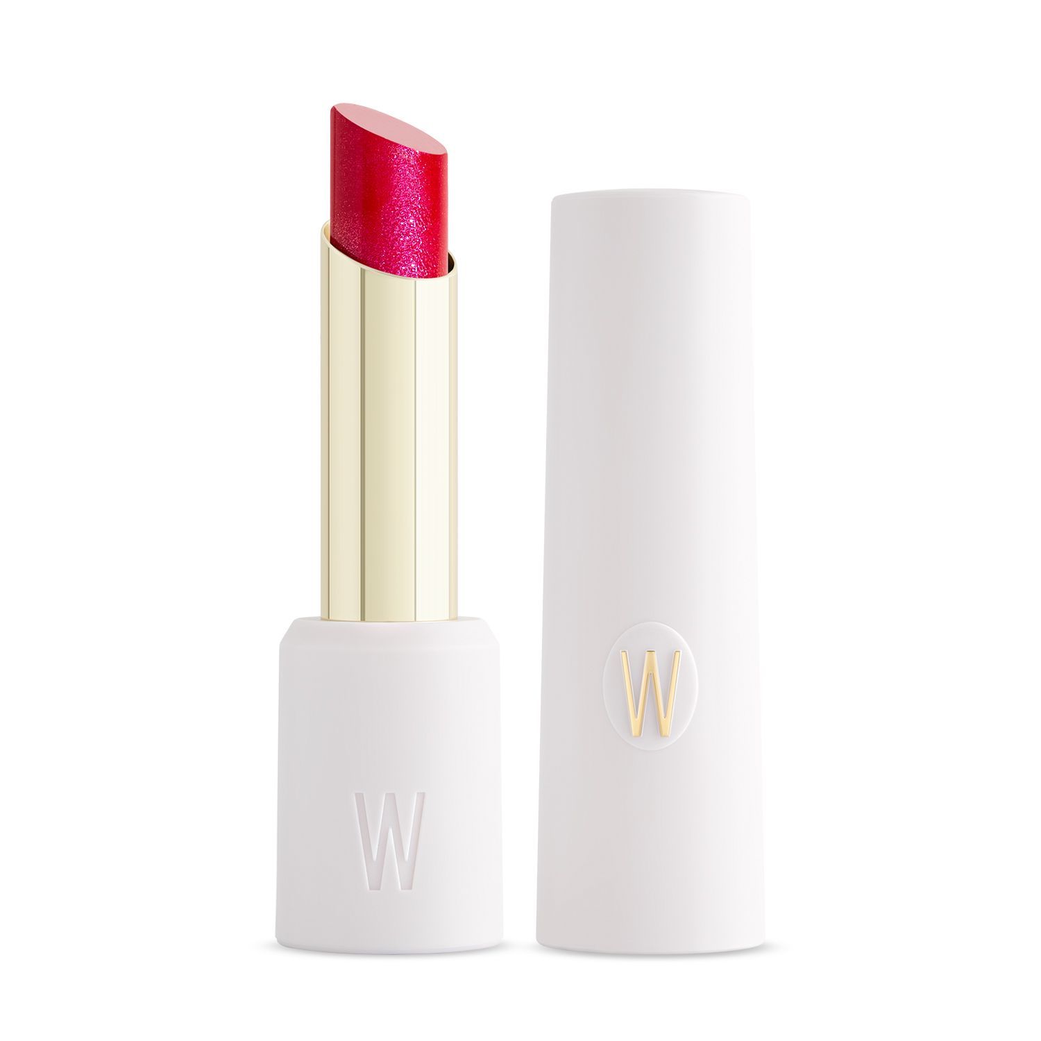 Rossetto lucido WYCON Cosmetics Starshine. Il rossetto è aperto, mostrando una texture fucsia brillante. Il rossetto ha una base dorata e un contenitore bianco con il logo 'W'.