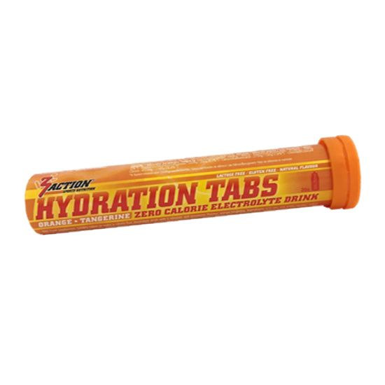 Zylinderförmige Verpackung mit "3Action Hydration Tabs"-Aufdruck. Orangefarbenes Design mit Text: "Orange-Tangerine Zero Calorie Electrolyte Drink".