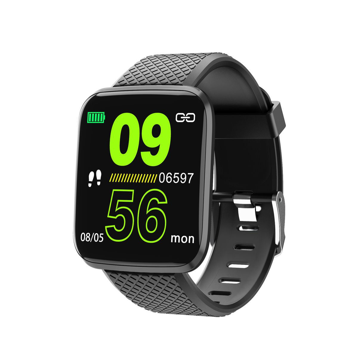 Schwarze Smartwatch mit digitaler Anzeige. Zeigt grüne Ziffern und Symbole. Schwarzes Armband mit Muster.