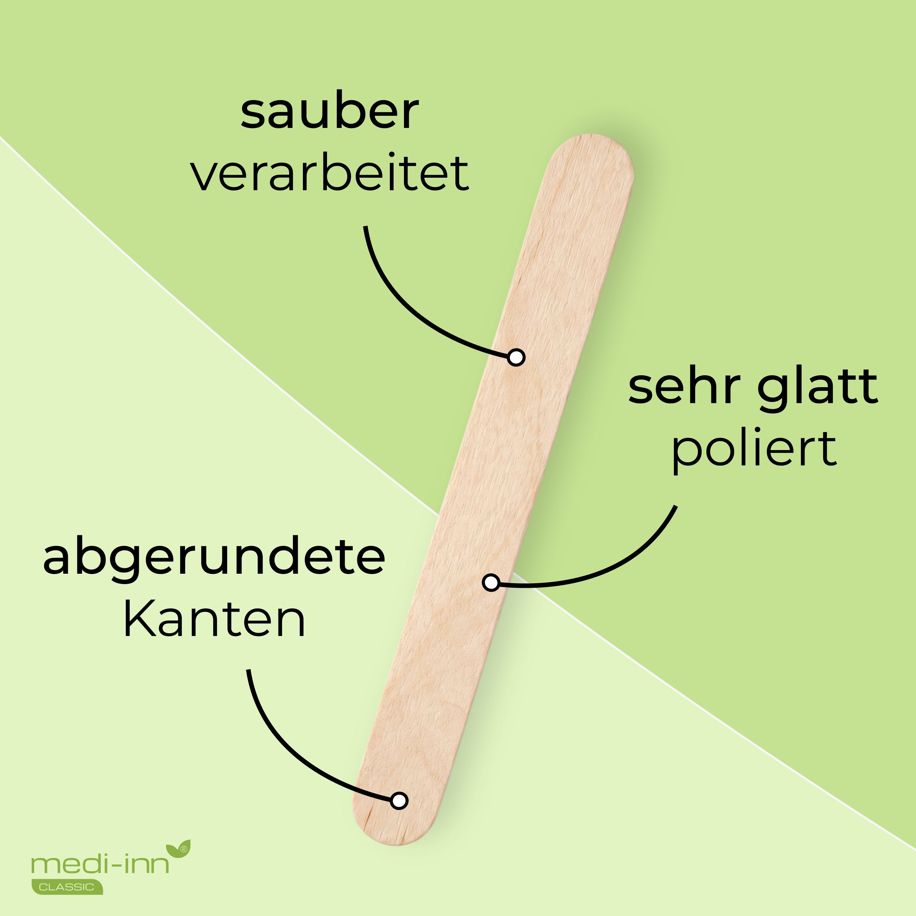 Holzmundspatel mit abgerundeten Kanten, glatt poliert und sauber verarbeitet.