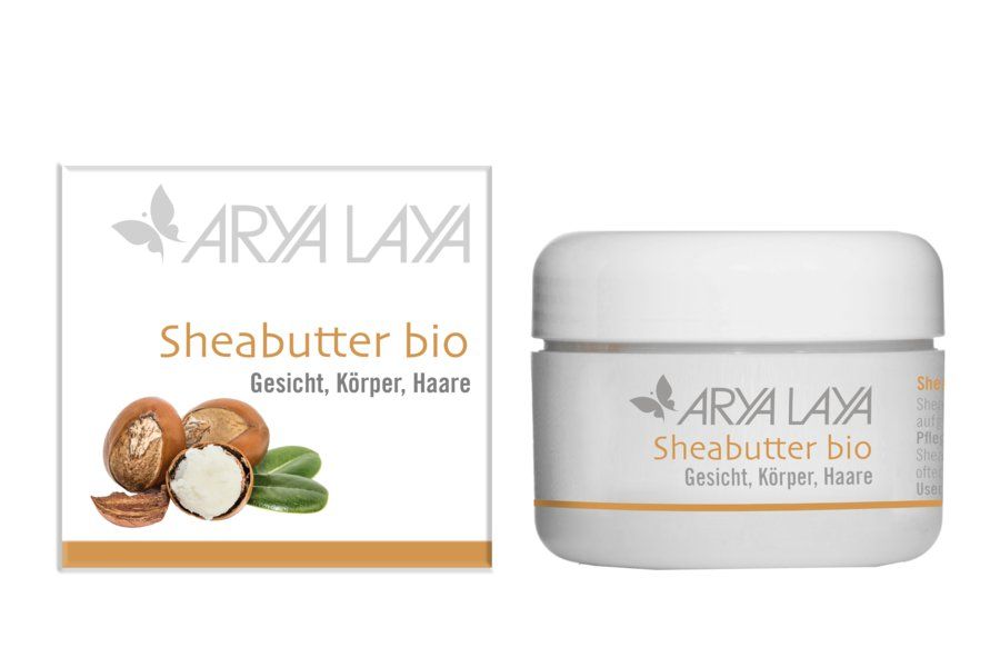Weißes Tiegel mit Aufschrift Sheabutter bio und Logo. Daneben eine Schachtel mit Produktabbildung und Logo.