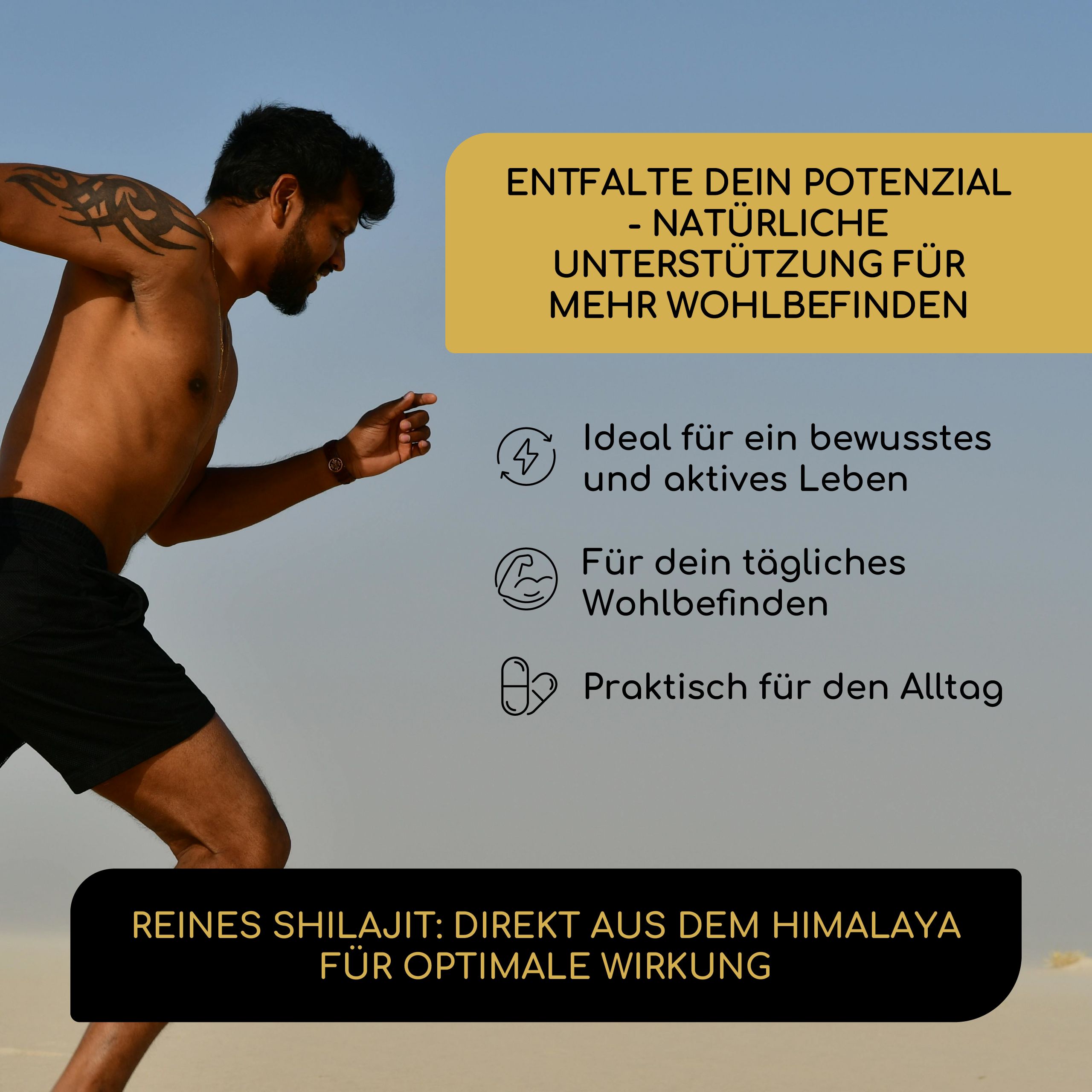 Mann rennt. Text: Natürliche Unterstützung für mehr Wohlbefinden. Ideal für ein aktives Leben.