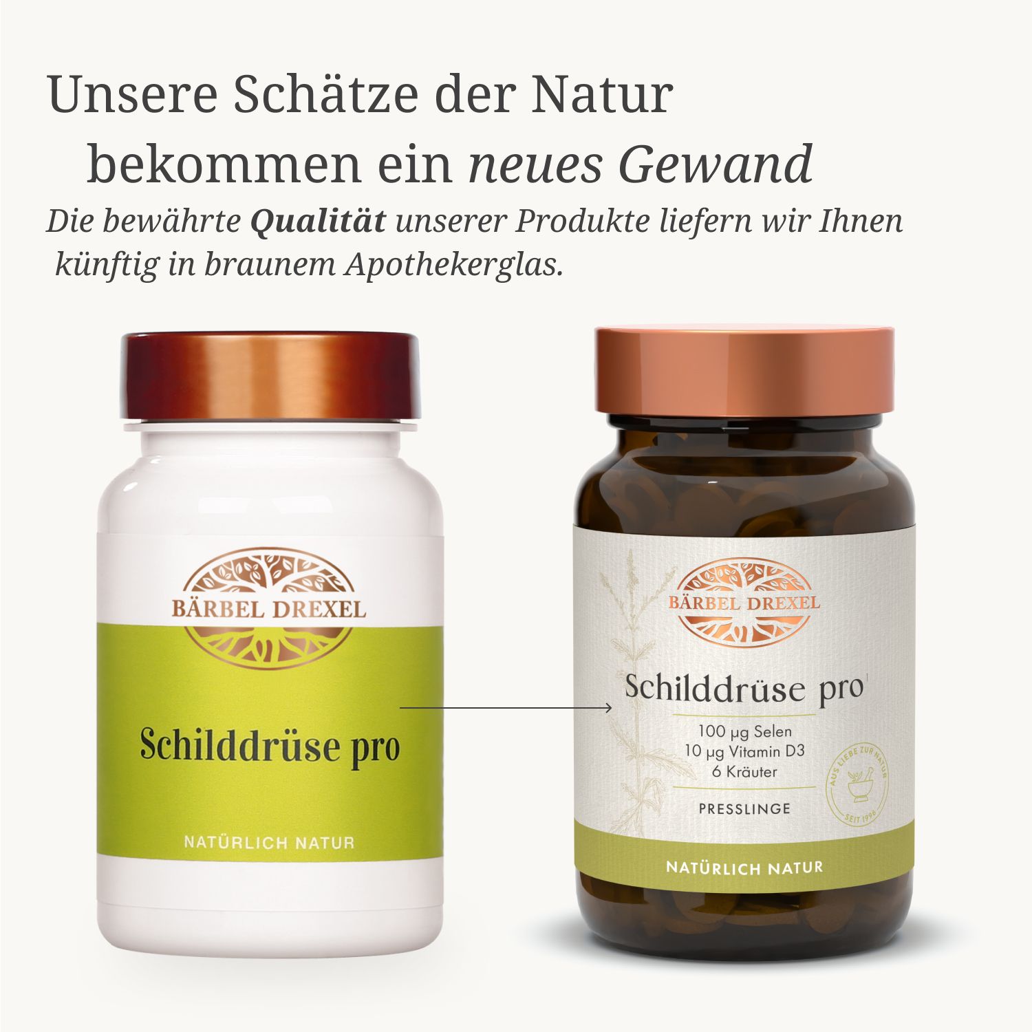 Vergleich: Schilddrüse pro in weißer und brauner Glasflasche. Beide mit Etikett und Logo.