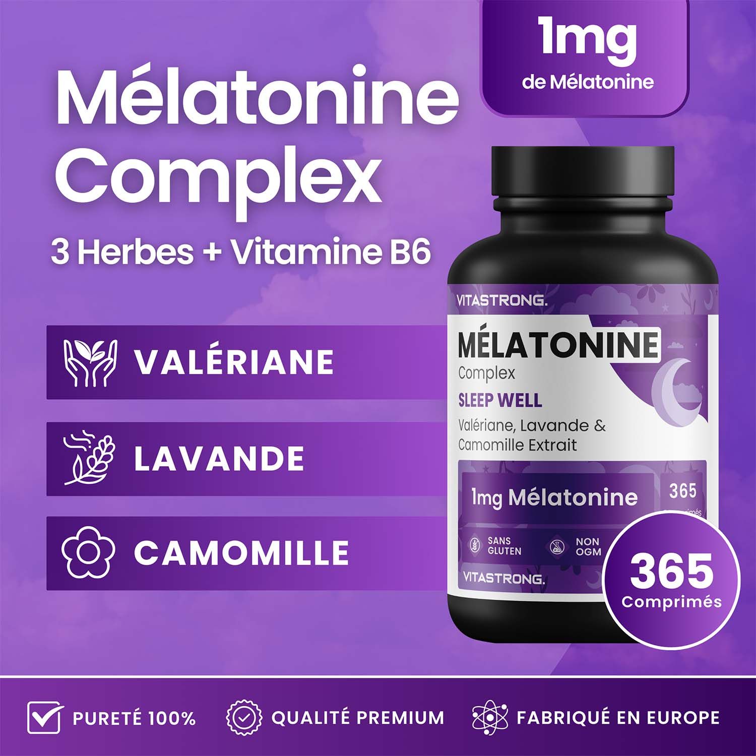 Vitastrong Mélatonine Complex. Flacon de 365 comprimés. Contient mélatonine, valériane, lavande et camomille.