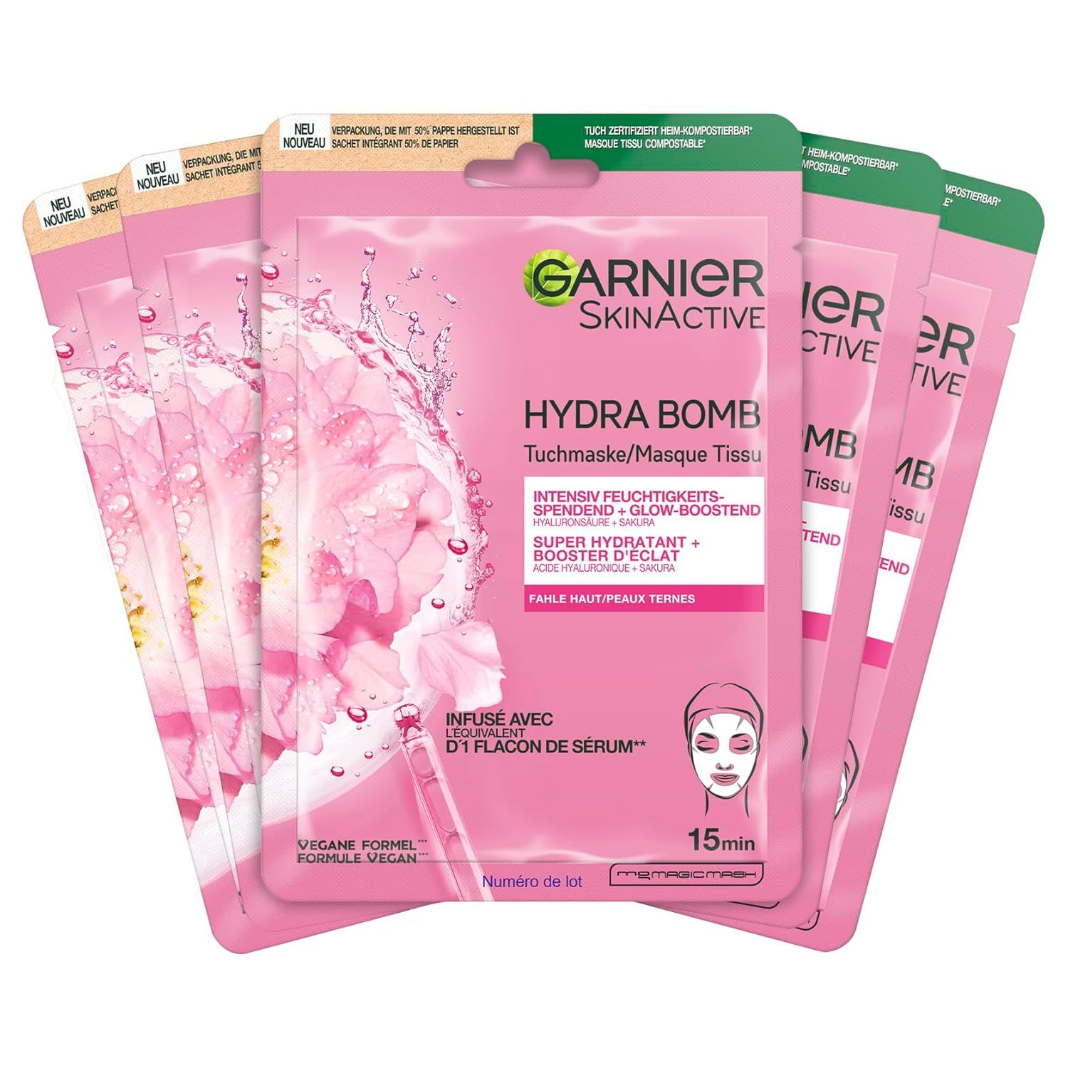Mehrere rosa Garnier SkinActive Hydra Bomb Tuchmasken. Verpackung mit Produktinformationen und Logo. Vegan.