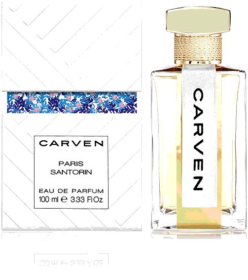 Parfümflakon und Schachtel. Flakon rechteckig, transparent, mit goldfarbenem Verschluss. Aufschrift: CARVEN.