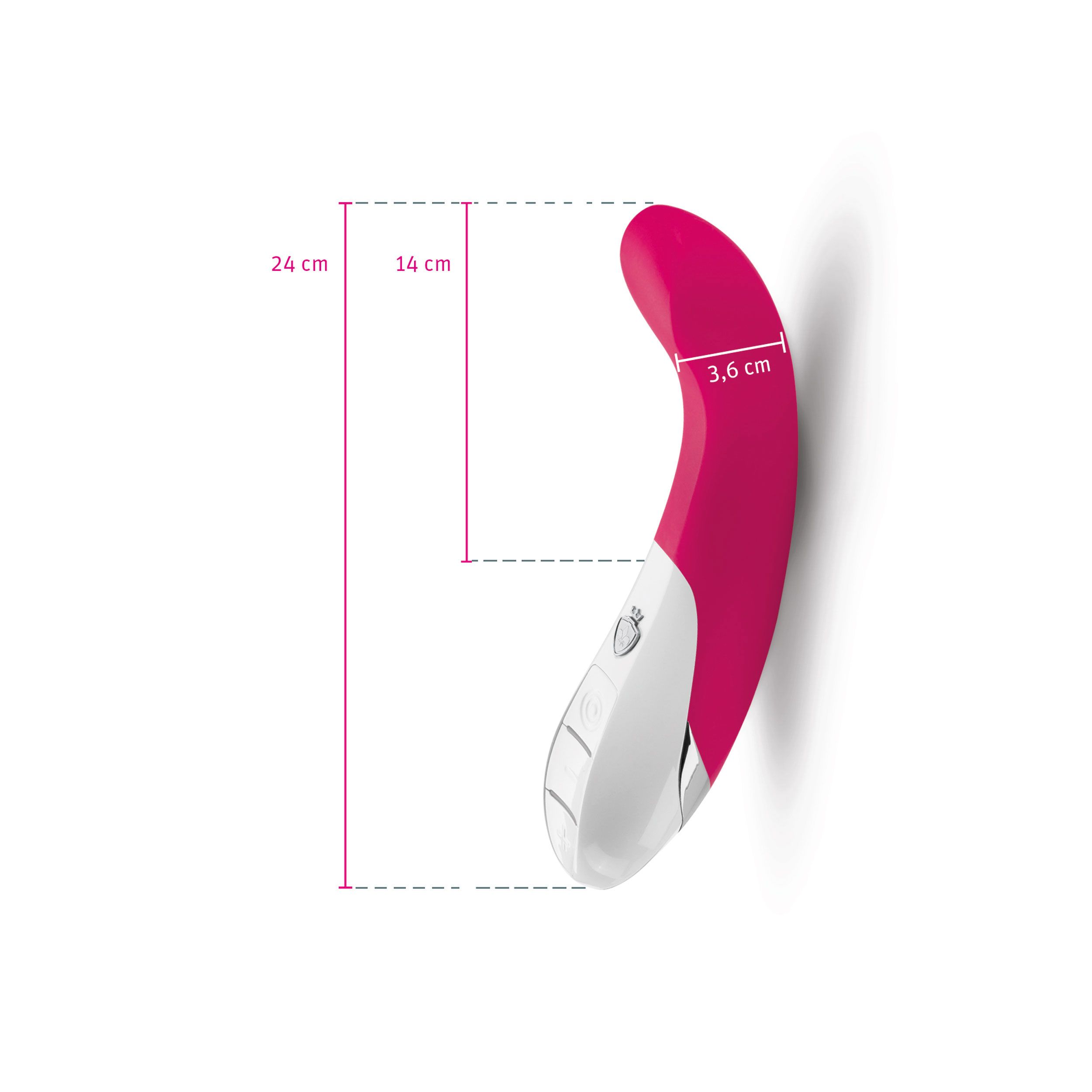 Pinkfarbener Vibrator mit weißen Bedienelementen. Maße: 24 cm lang, 14 cm breit, 3,6 cm dick.