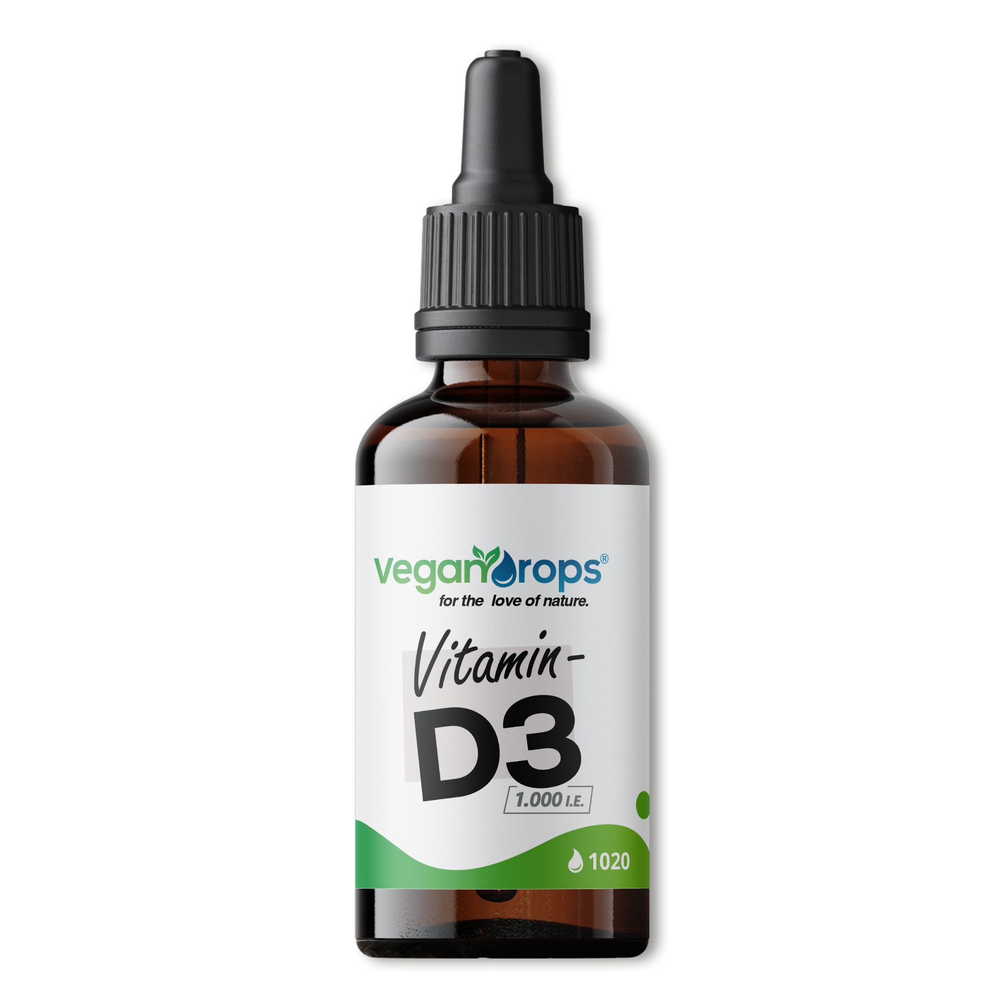 Braune Glasflasche mit schwarzem Verschluss und Etikett. Auf dem Etikett steht "Vegan Drops" und "Vitamin D3".