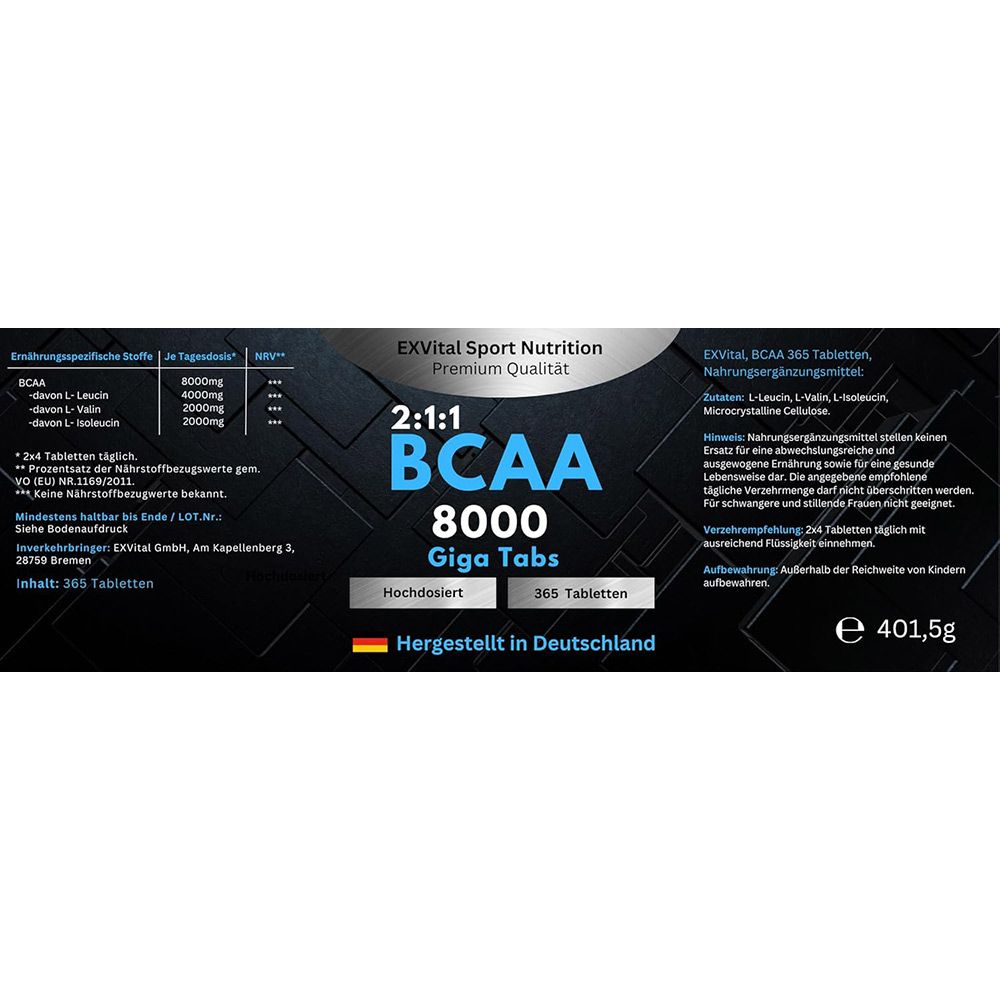 Produktetikett. "EXVital BCAA 8000 Giga Tabs". 365 Tabletten. Inhaltsstoffe, Nährwerte, Hinweise.