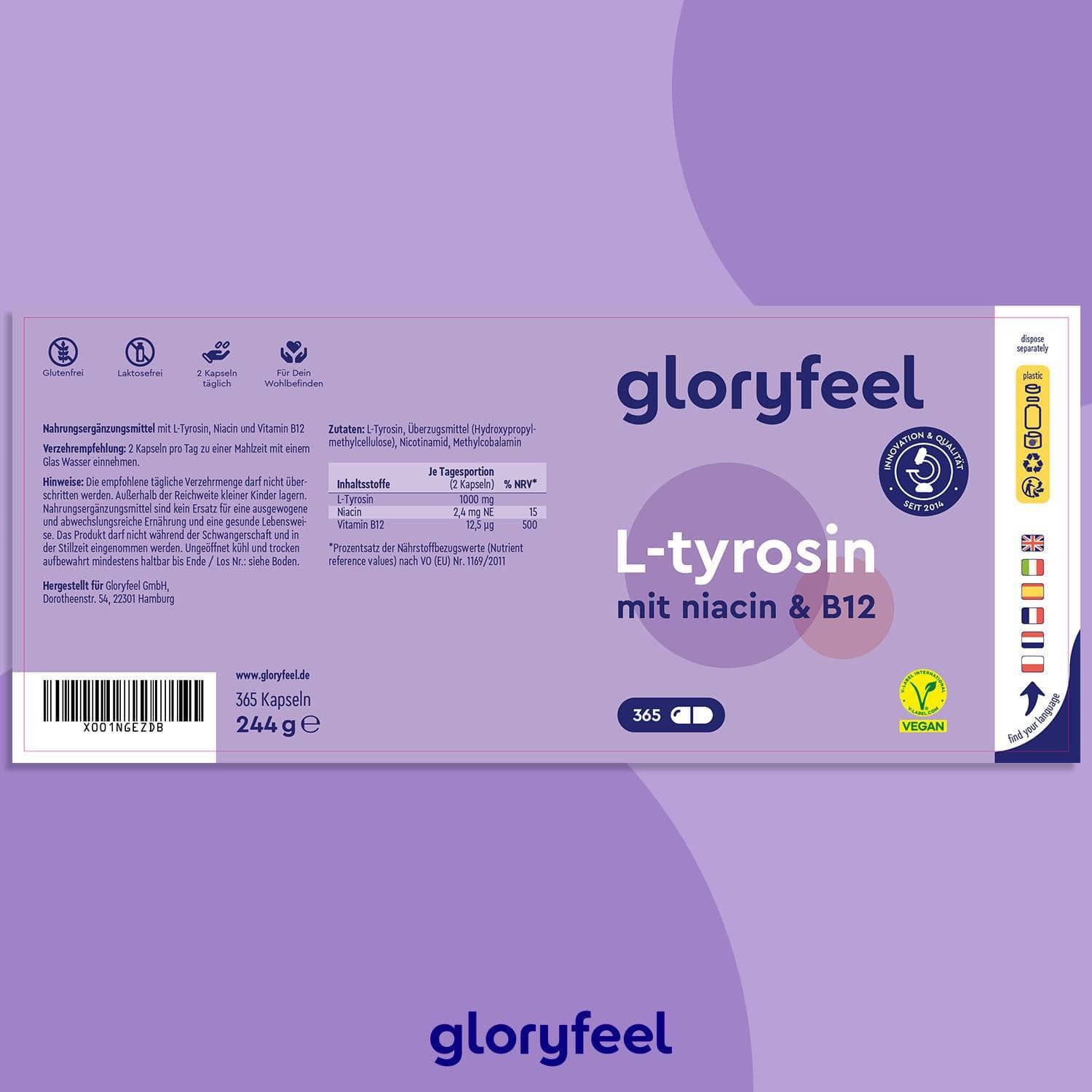 gloryfeel® L-Tyrosin + Niacin & Vitamin B12 Kapseln 365 St