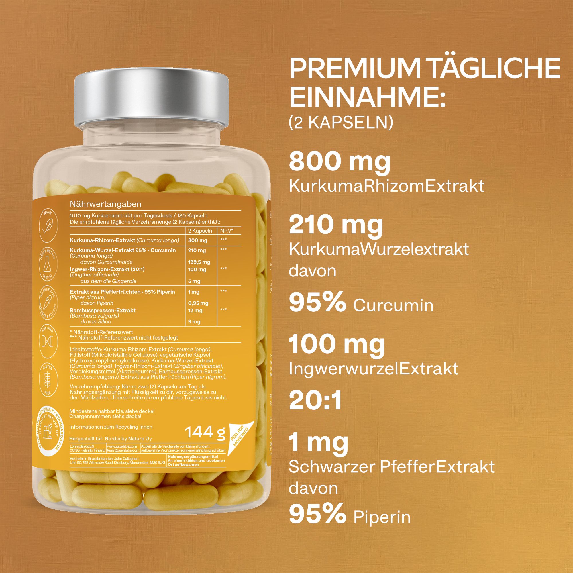 Glasflasche mit Kapseln. Aufschrift: Turmeric Curcumin, mit Ingwer und Piperin. 180 Kapseln.