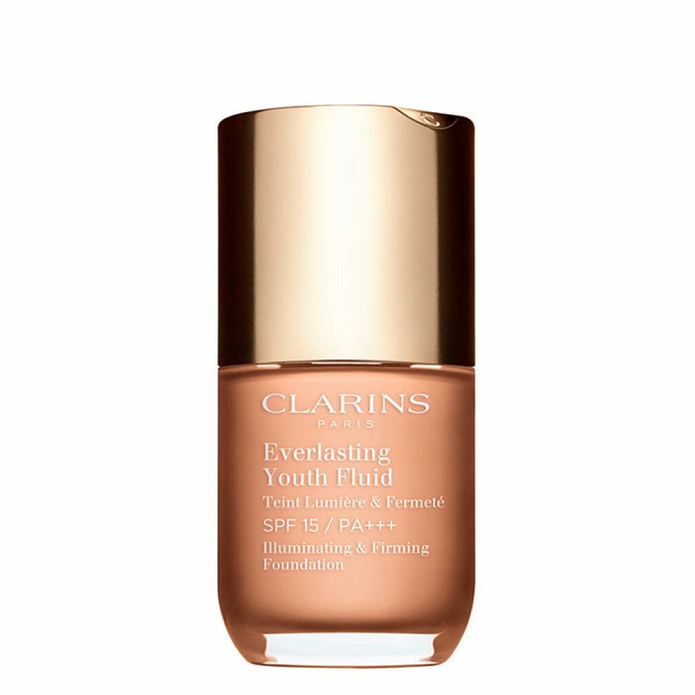 EVERLASTING YOUTH Flüssigkeit 107-beige. Glasflasche mit goldenem Deckel. Text: Clarins, Everlasting Youth Fluid, SPF 15/PA+++.