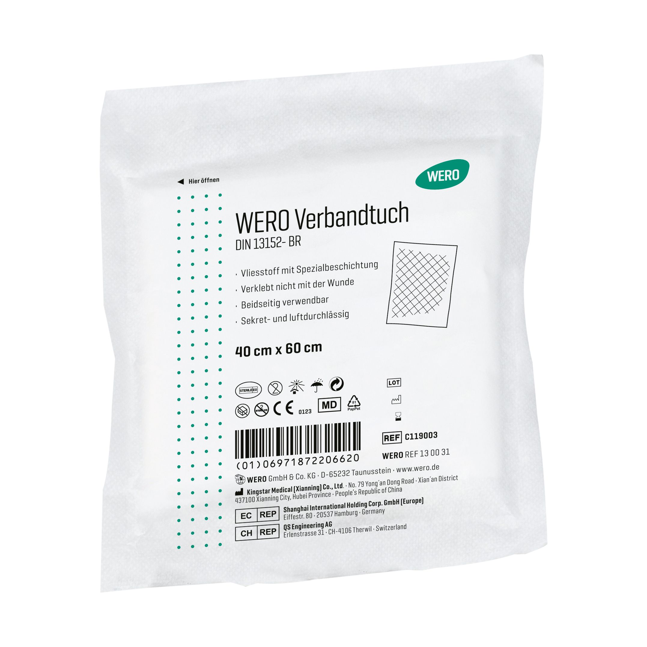 Verbandtuch in weißer Verpackung. Aufdruck: WERO Verbandtuch DIN 13152-BR, 40 x 60 cm. Mit Zertifizierungen und Barcode.
