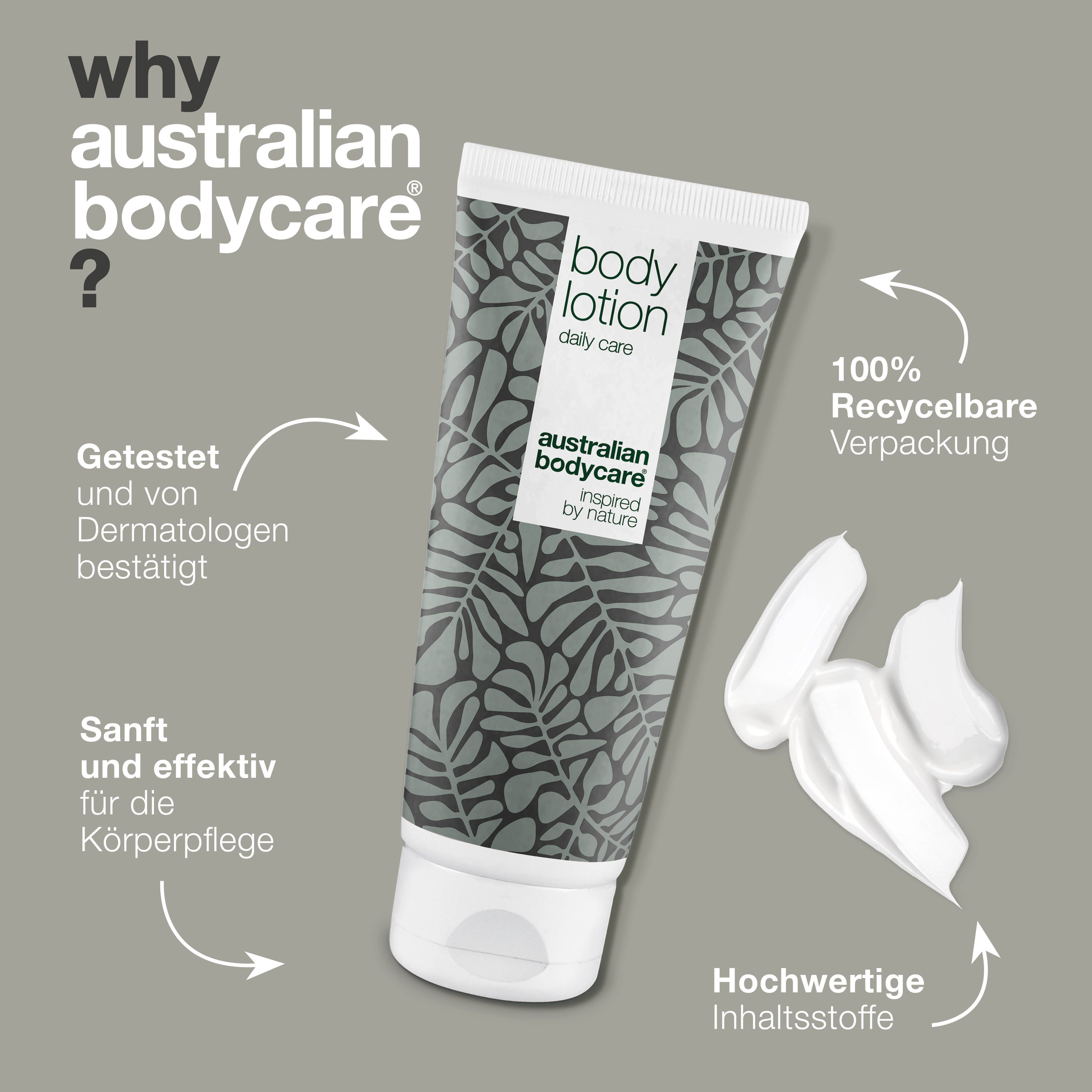 Tube: Body Lotion, daily care. Logo: Australian Bodycare. Text: Why Australian Bodycare?