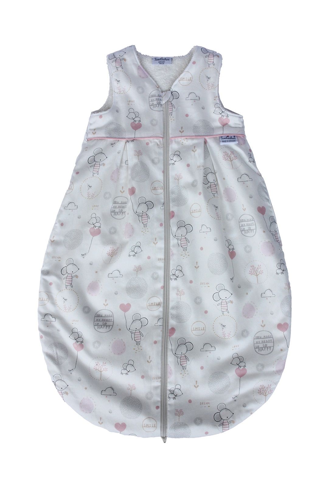 Schlafsack mit Mäuse-Muster, Reißverschluss. Rosa Akzente, V-Ausschnitt. Textildruck mit Mäusen und Ballons.