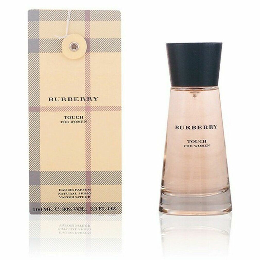 Burberry Touch for Women Eau de Parfum, Flakon und Verpackung. Beige-karierte Verpackung, Flakon mit schwarzem Deckel.