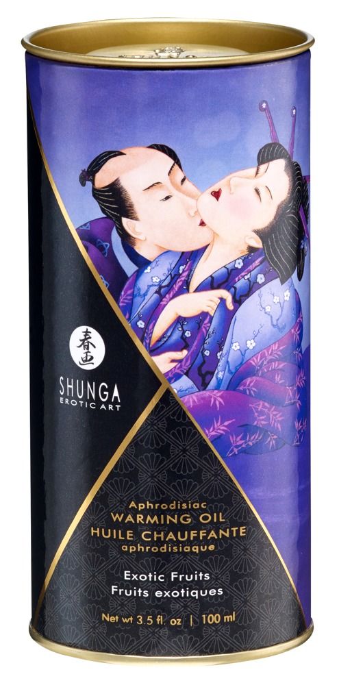 Zylindrische Dose mit Shunga Massageöl. Abbildung eines küssenden Paares. Aufschrift: Exotic Fruits, aphrodisiac.