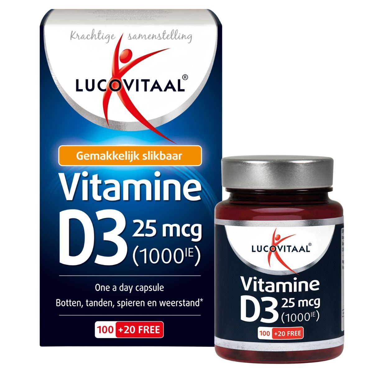 Lucovitaal Vitamin D3 25 mcg (1000 IE) Kapseln. Dunkelbraune Flasche und Kartonverpackung mit Informationen zu Dosierung und Inhaltsstoffen.