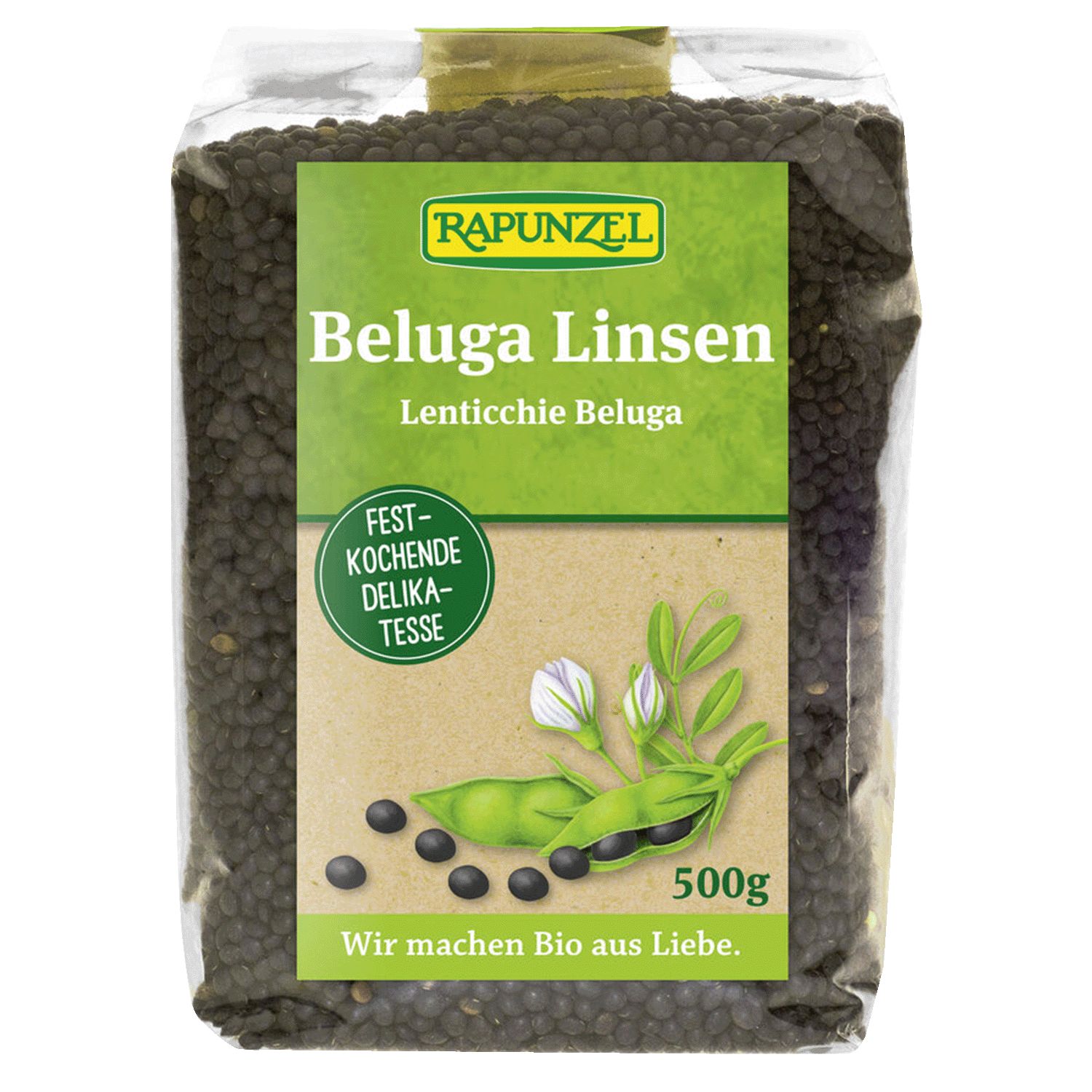 Verpackung mit Beluga Linsen. Aufschrift: Rapunzel, Beluga Linsen, 500g. Abbildung von Hülsenfrüchten und Text: Wir machen Bio aus Liebe.