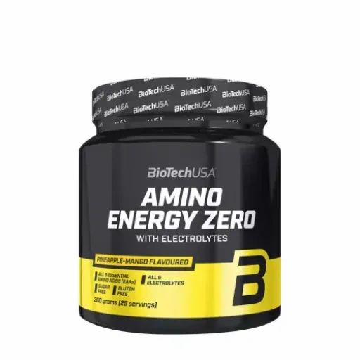 Schwarze Dose mit gelbem Etikett. Aufschrift: Amino Energy Zero, mit Elektrolyten. Geschmack: Ananas-Mango. Marke: BioTechUSA.
