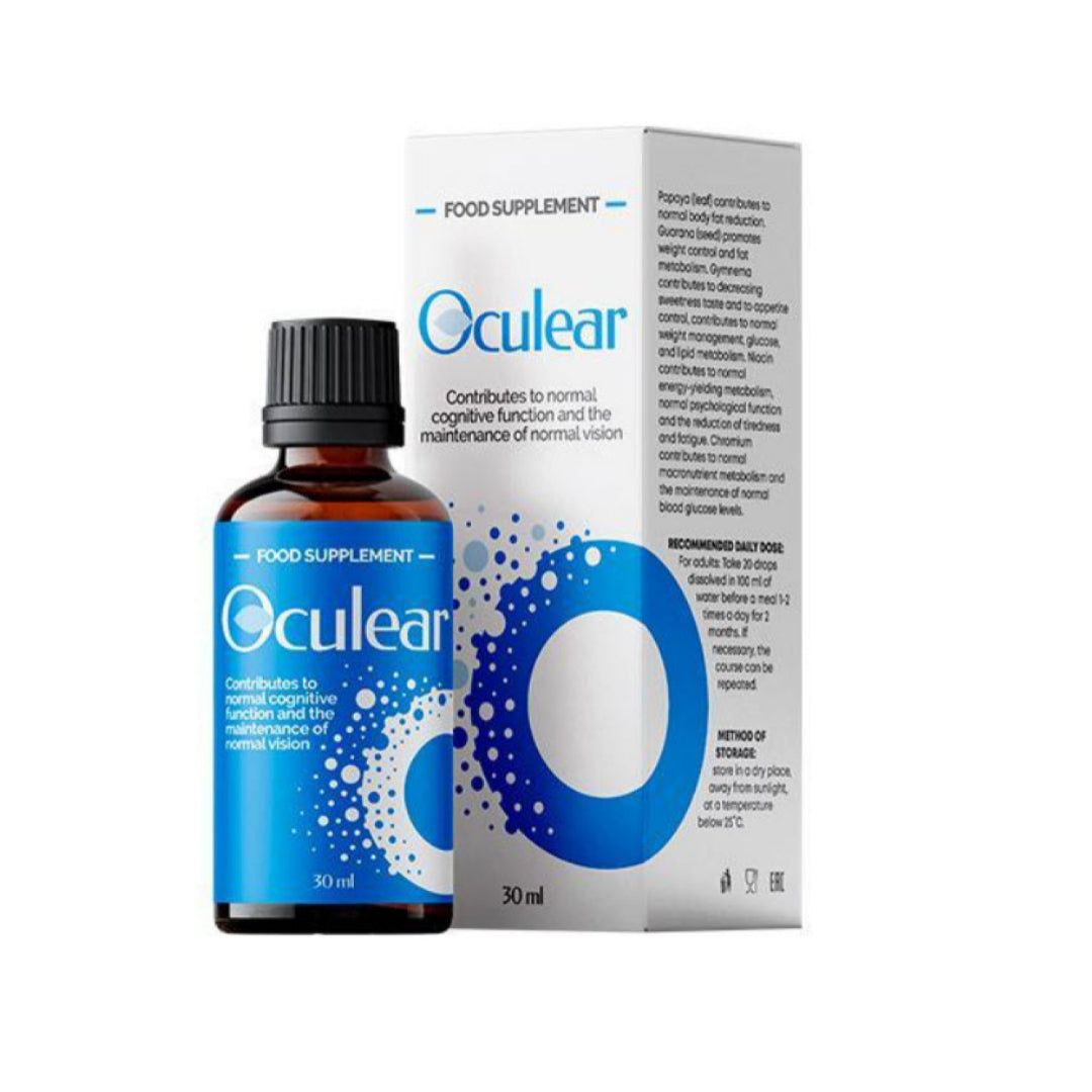 Braune Flasche und Schachtel mit Produktinformationen. Blaue Etiketten mit weißer Schrift. "Oculear" und "Food Supplement" sichtbar.