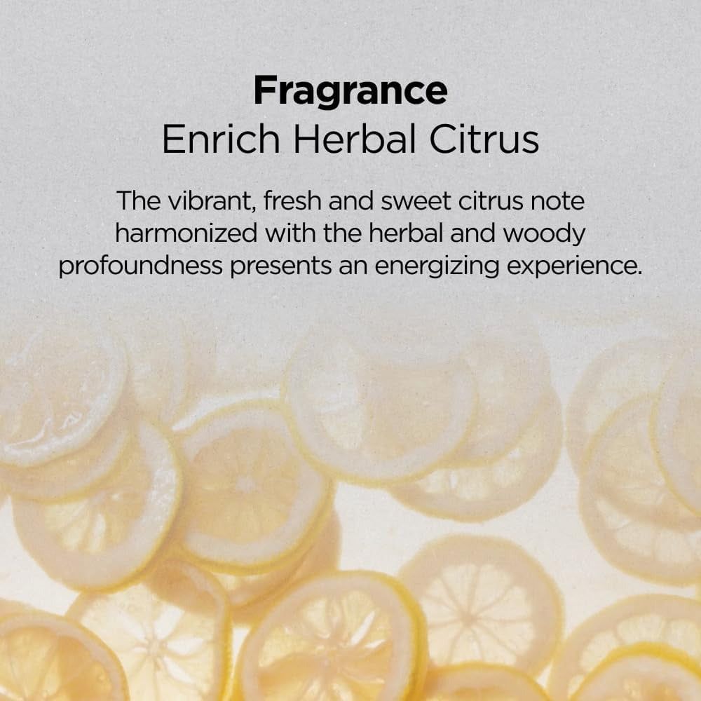 Zitronenscheiben mit Text über "Fragrance Enrich Herbal Citrus".