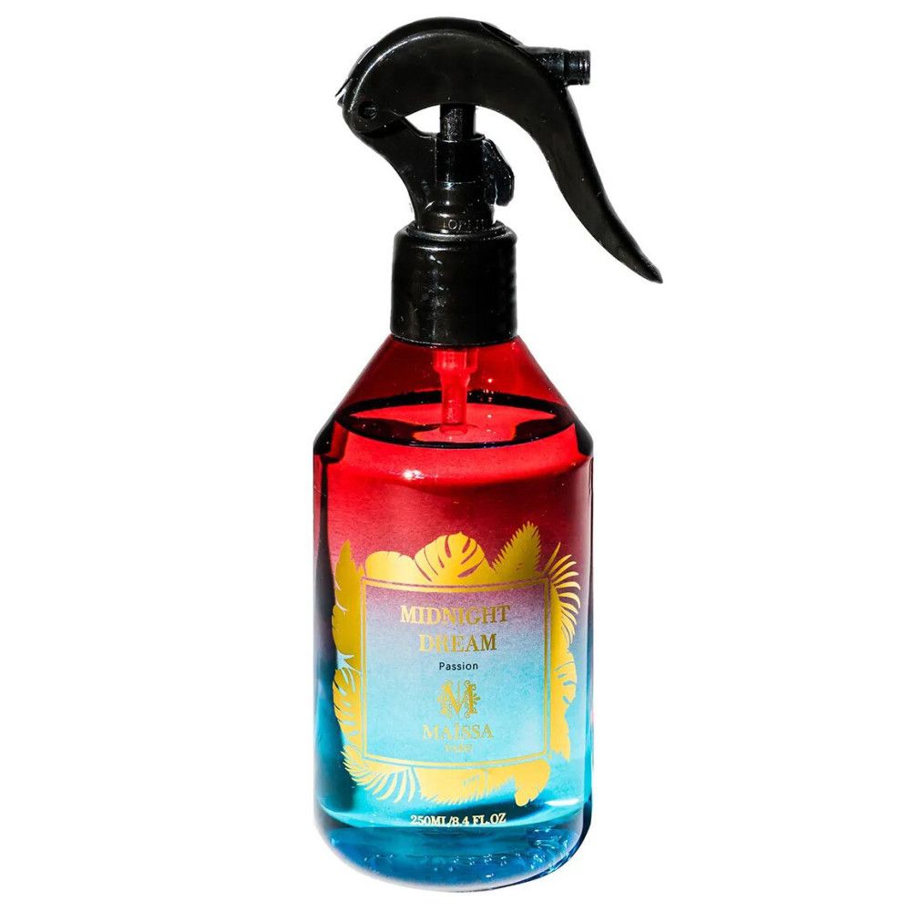 Flasche mit Sprühkopf, blau-rot. Aufschrift: Midnight Dream, Maïssa. Goldfarbene Details. 250 ml.