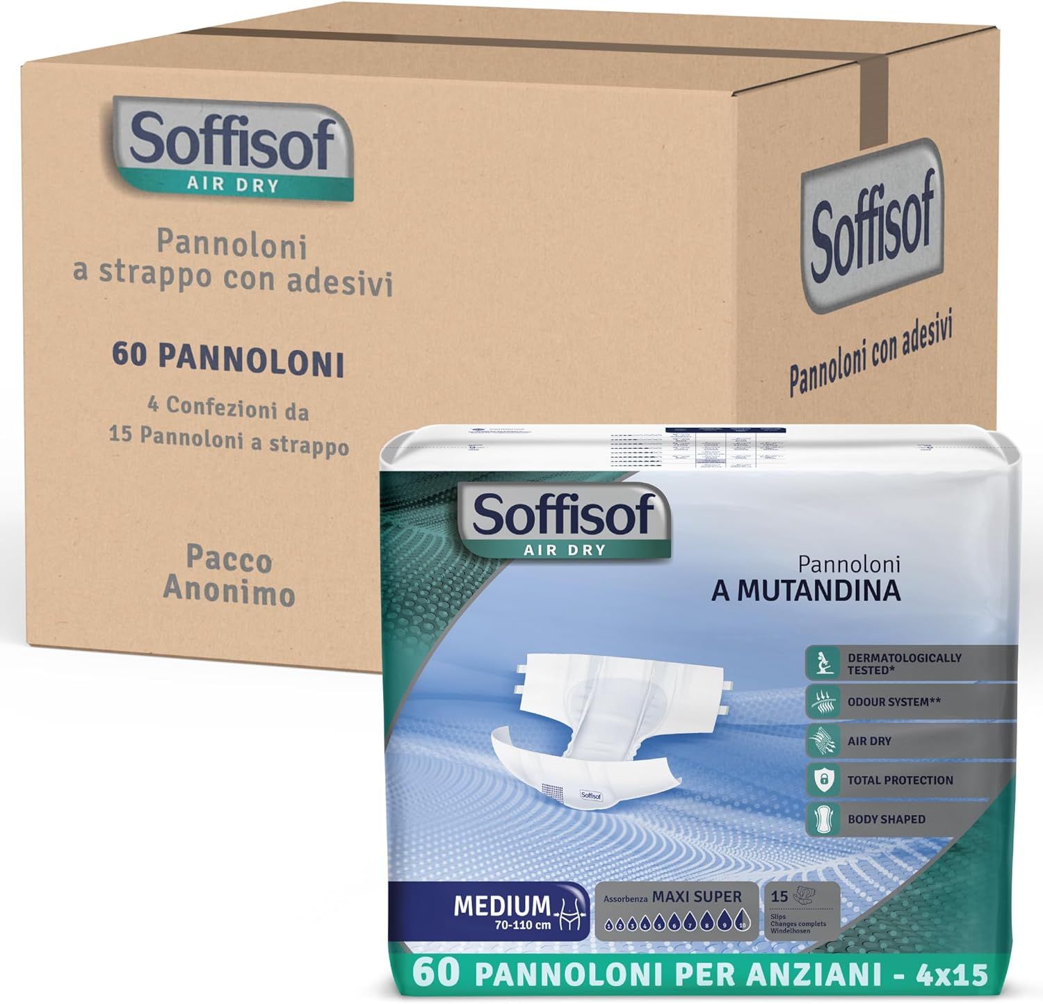 Soffisof Air Dry Windeln für Erwachsene Maxi Super. Karton mit Packungen. 60 Stück pro Packung.  Anonyme Verpackung.