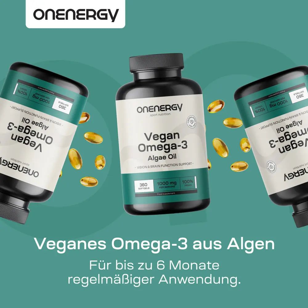 Drei Flaschen mit veganem Omega-3 aus Algenöl, 360 Weichkapseln.