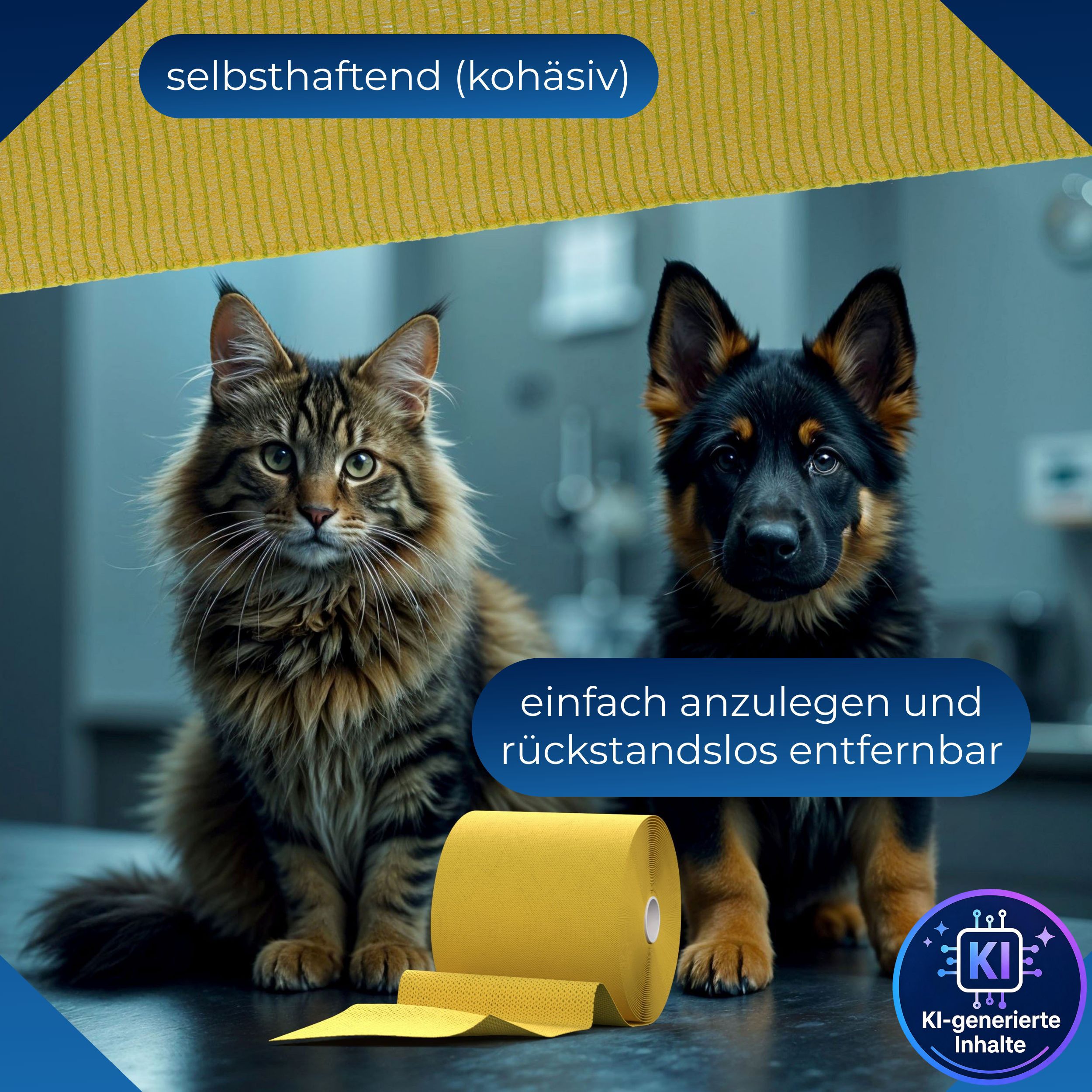 Selbsthaftendes, gelbes Fixierband für Tiere. Einfach anzulegen und rückstandslos entfernbar.