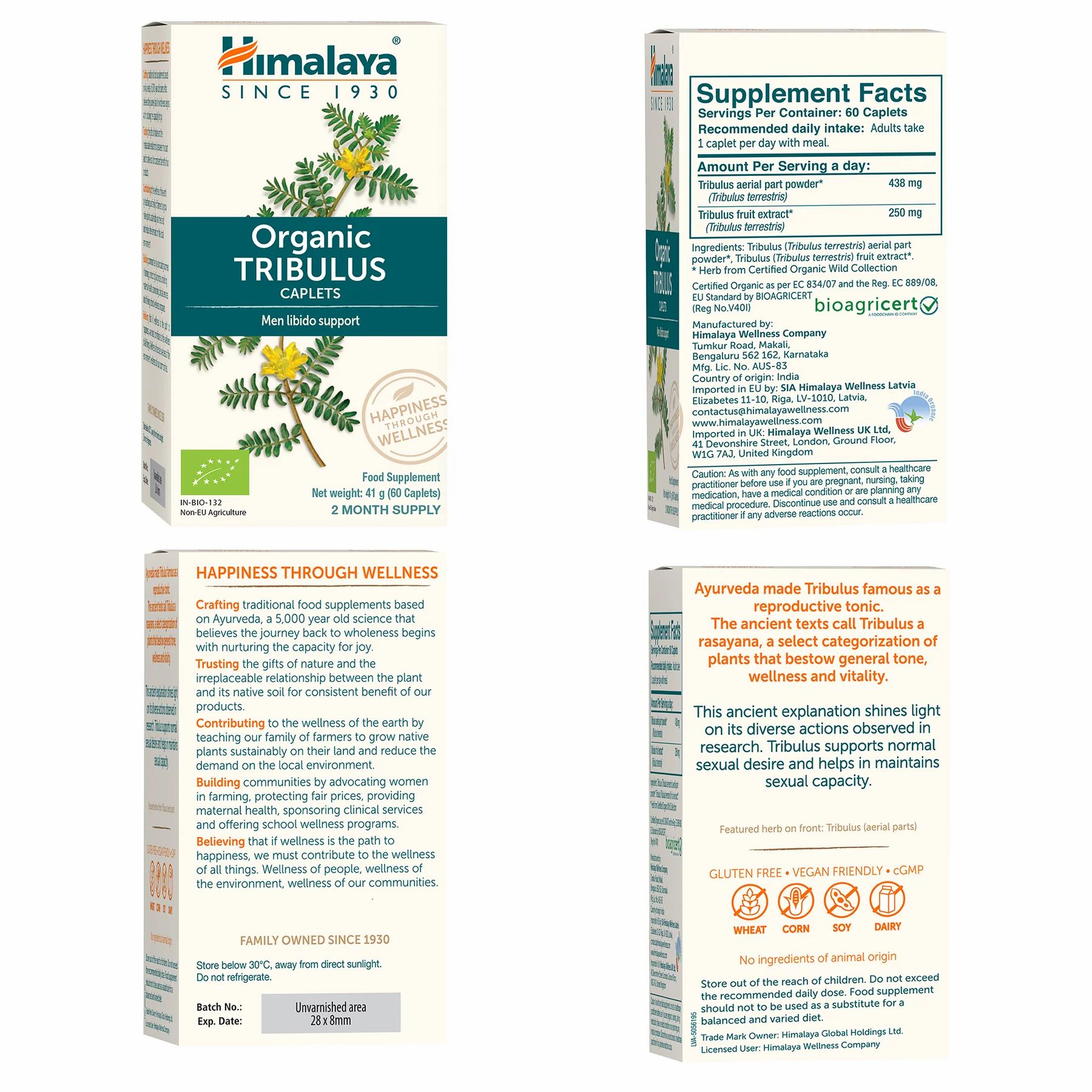 Verpackung von Himalaya Organic Tribulus Caplets. Enthält Informationen zu Inhaltsstoffen, Zertifizierungen und Nährwertangaben.