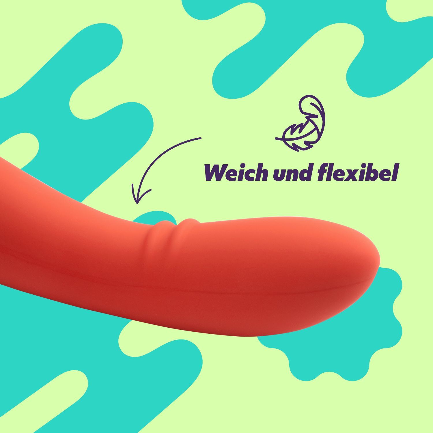 Nahaufnahme eines roten Vibrators. Text: Weich und flexibel.