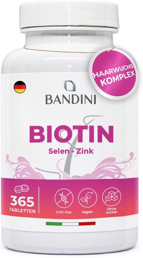 Bandini Biotin, Selen, Zink Tabletten. Weiße Dose mit pinkfarbenem Etikett. 365 Tabletten. Aufschrift: Haarwuchs Komplex.