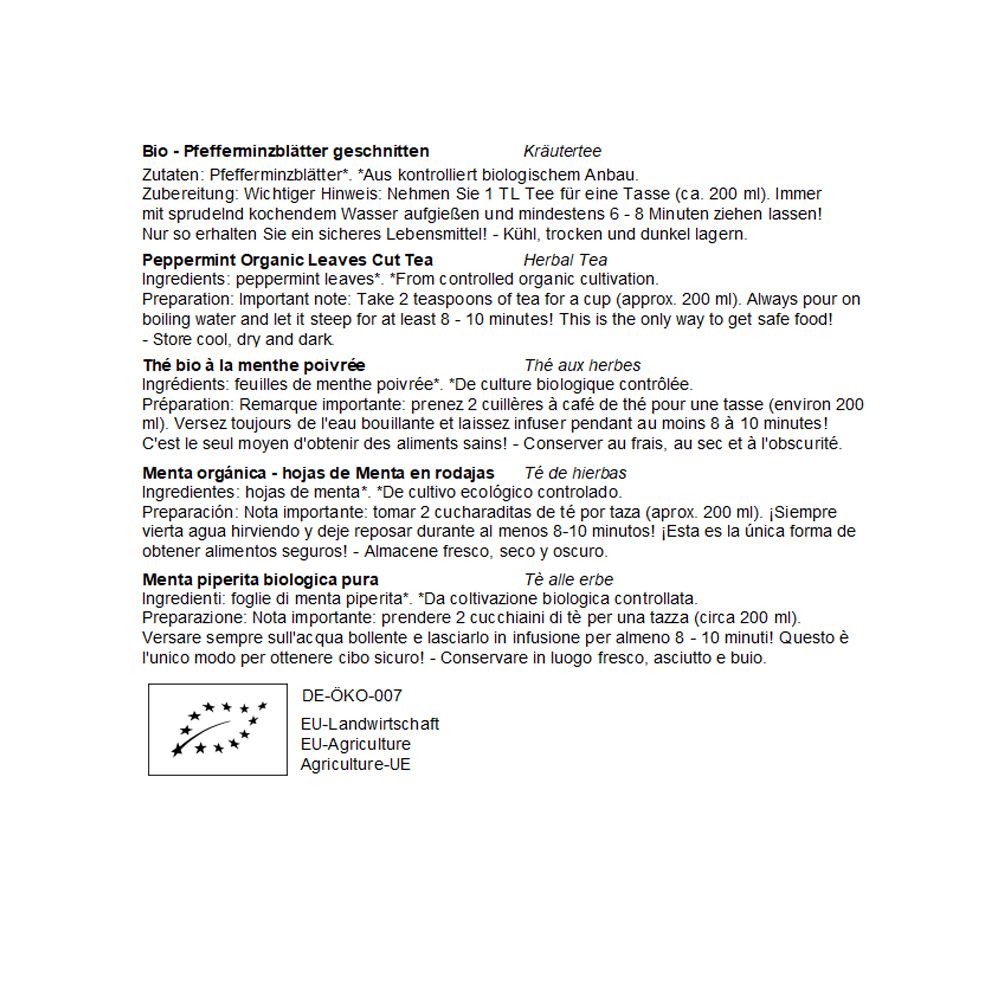 Text mit Informationen zu Bio-Pfefferminzblättern. Enthält Zutaten, Zubereitungshinweise und Bio-Siegel.