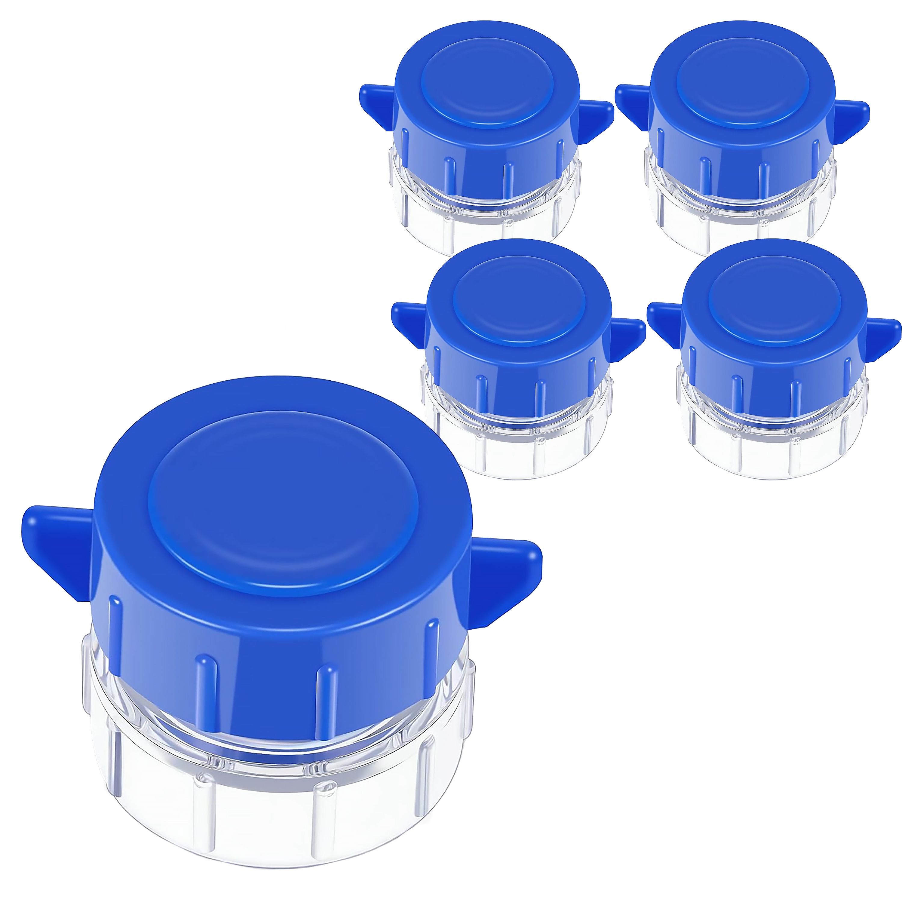 Mehrere Tablettencrusher. Blaue Deckel, transparente Behälter. Zwei Flügel zum Drehen. Vier Stück im Hintergrund.