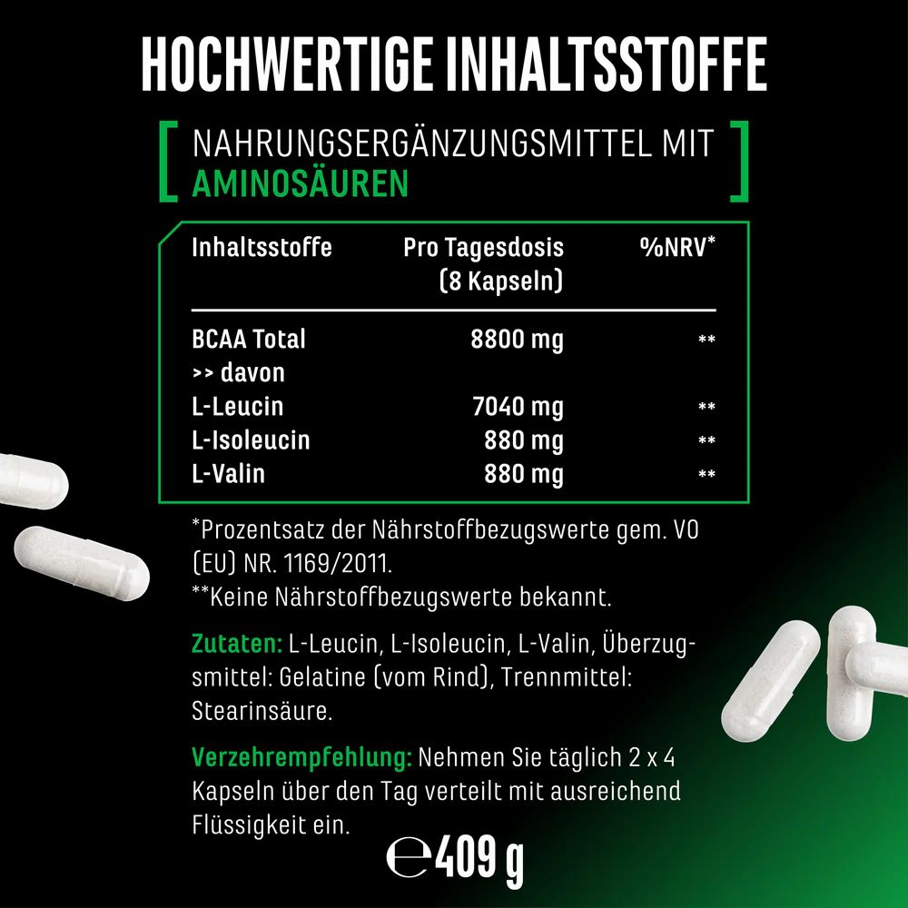 Grafik mit Nährwertangaben. Enthält: BCAA Total, L-Leucin, L-Isoleucin, L-Valin. Zutaten: L-Leucin, L-Isoleucin, L-Valin, Gelatine.
